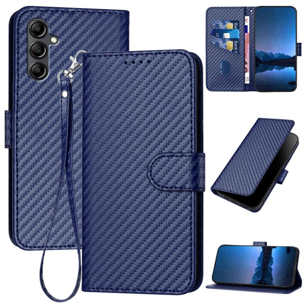 Coque Samsung Galaxy A20 A30 luxe en cuir fibre de carbone bleu foncé avec rabat
