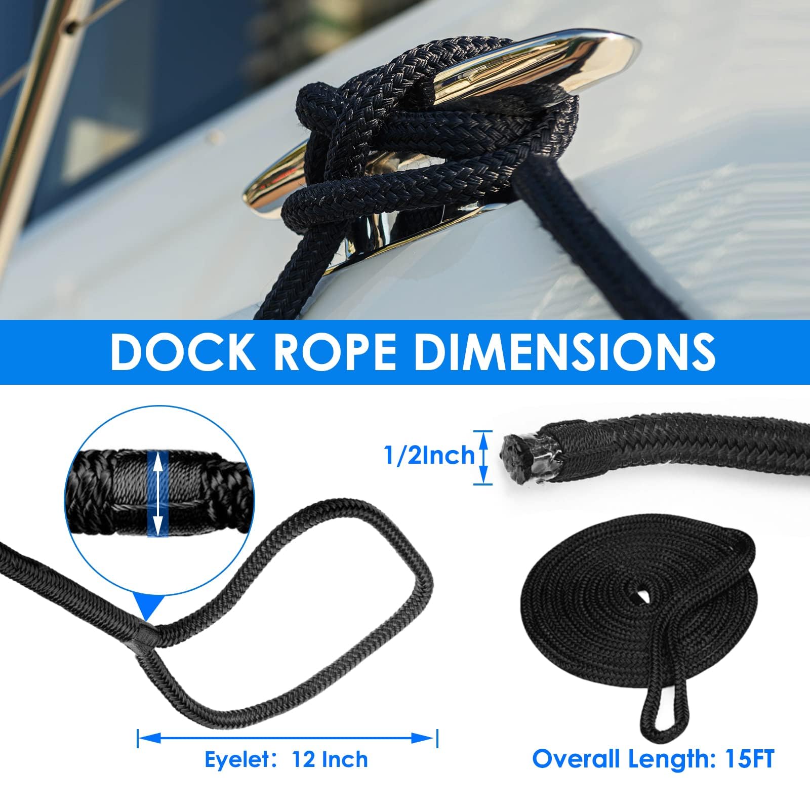 2 Stück Boot Seil 12mm Festmacherleine mit Auge Nylon Doppelt Geflochten Fenderseil Dock Linien Ø 12mm, L: 4.57 m, Auge 30.48 cm, Bruchlast: 2240 kg, Schwarz