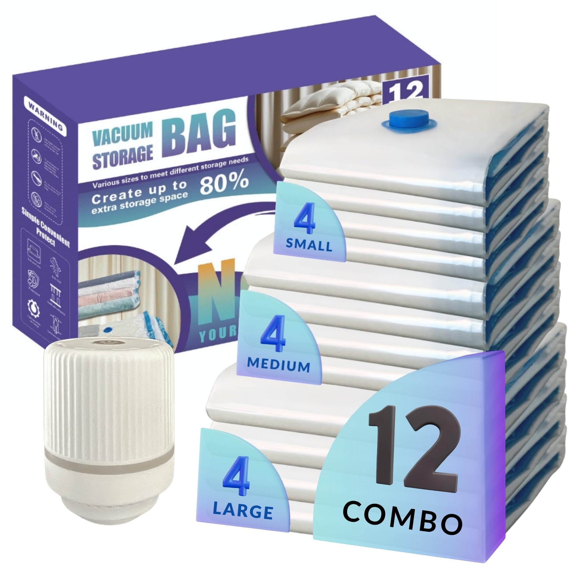 Vacuum Seal Space Saver Storage Bags With Electric Pump, 12 Combo Pack