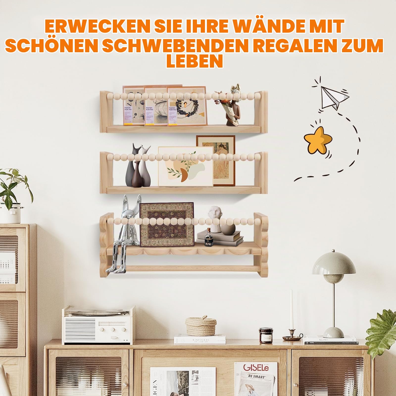 Wandregal Kinderzimmer Holz, 3er Set 40cm Bücherregal Kinder Wand mit Foto-Hängedisplay, Regal Kinderzimmer, Holz Wandregal Bücher Schweberegale für Babyzimmer Wohnzimmer Kinder Bad (Wolkenform)