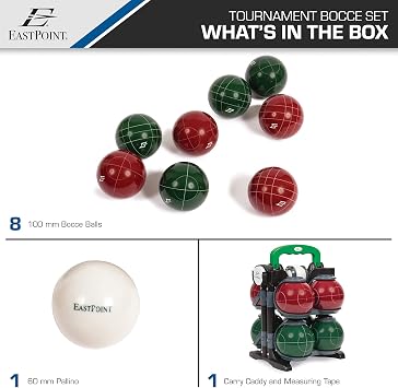 EastPoint Bocce Ball Set - 110mm Tournament Set, 8 Balls, 60mm Pallino - Durable Resin Orbs for Yard Games - Deluxe Carry Case & Tape for Outdoor Games - Designed for Beach & Backyard Fun