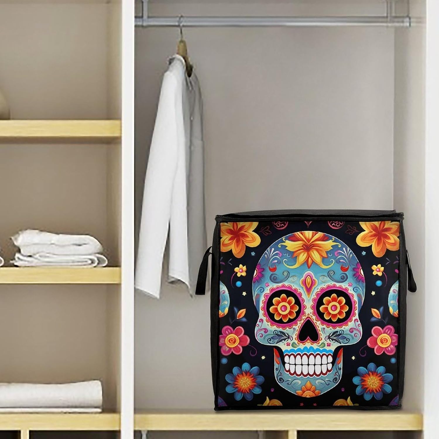 Sugar Skulls Storage Bag with Zippers And Handle Extra Large Bedding Comforter Storage Bag Foldable Blanket Storage Bags Fabric Moving Bags for Closet Organizer (70L)