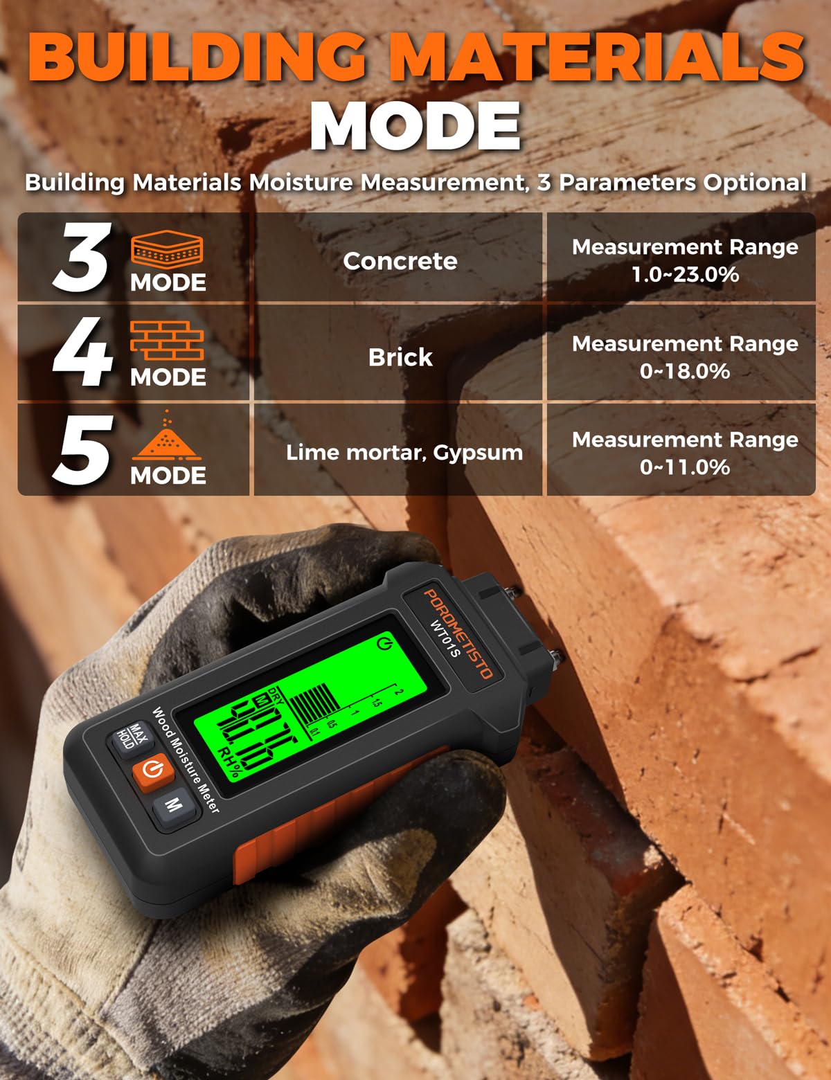 5 IN 1 Testeur Humidité Bois WT01S,POROMETISTO Détecteur humidité 5 MODES, Detecteur humidite avec Valeur Maximale, Détecteur d'Humidité pour Bois Murs Béton Maçonnerie, Testeur humidité platre
