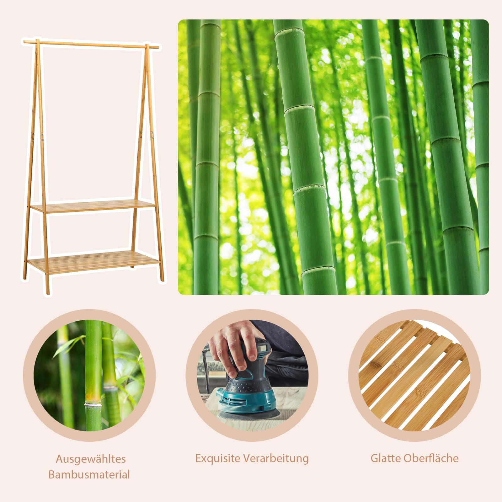 GOPLUS Perchero de Bambú con Estantería de 2 Niveles | Burro de Pie para Colgar Ropa, para Entrada, Dormitorio, Pasillo, 101 x 45 x 160 cm, Natural