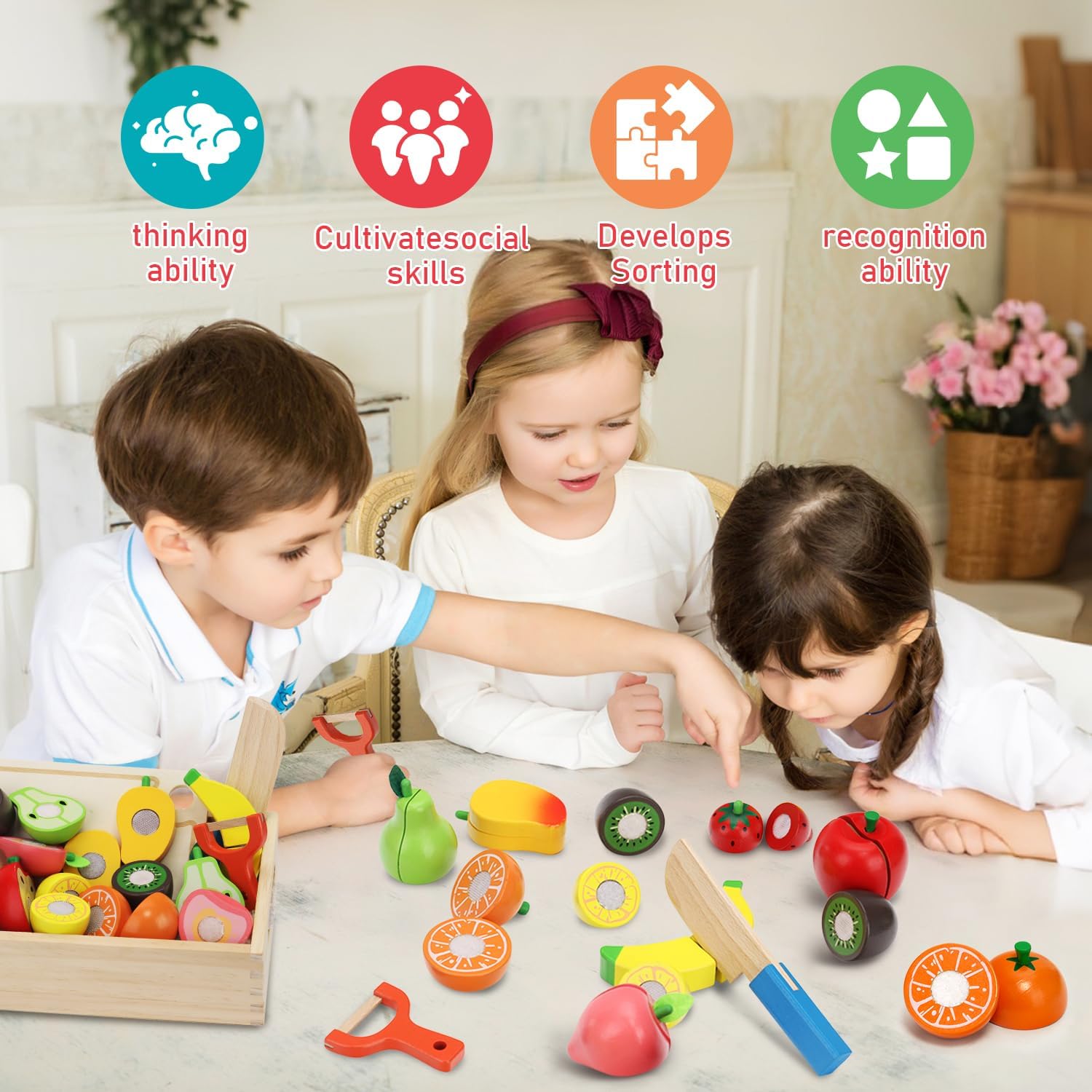 Wooden Play Food Set for Toddlers Toys Pretend Play Kitchen Accessories Fruit Cutting Set for Kids Gift for Boys Girls Montessori Educational Toys