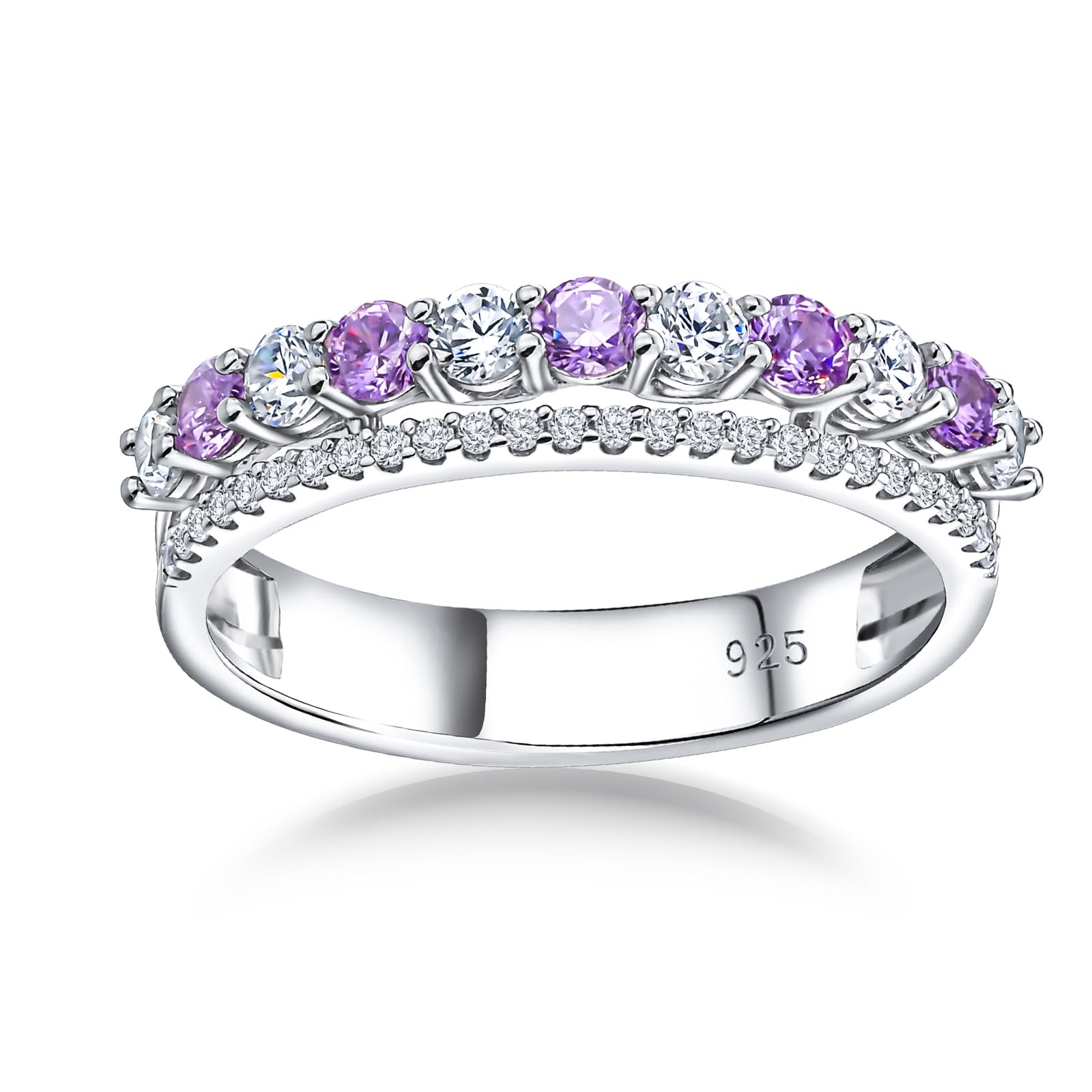 Women's Half Eternity Band 5mm Thick Double Band Ring Sterling Silver Gemstone Diamond Anniversary Ring Stackable Birthstone Rings Size 6-10 (with Gift Box)