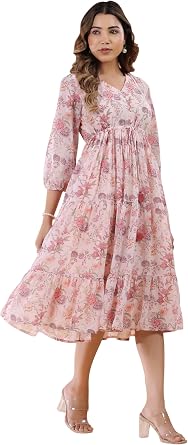 Janasya Womens Georgette Pink Floral Print Casual Wear Summer Dress for Women