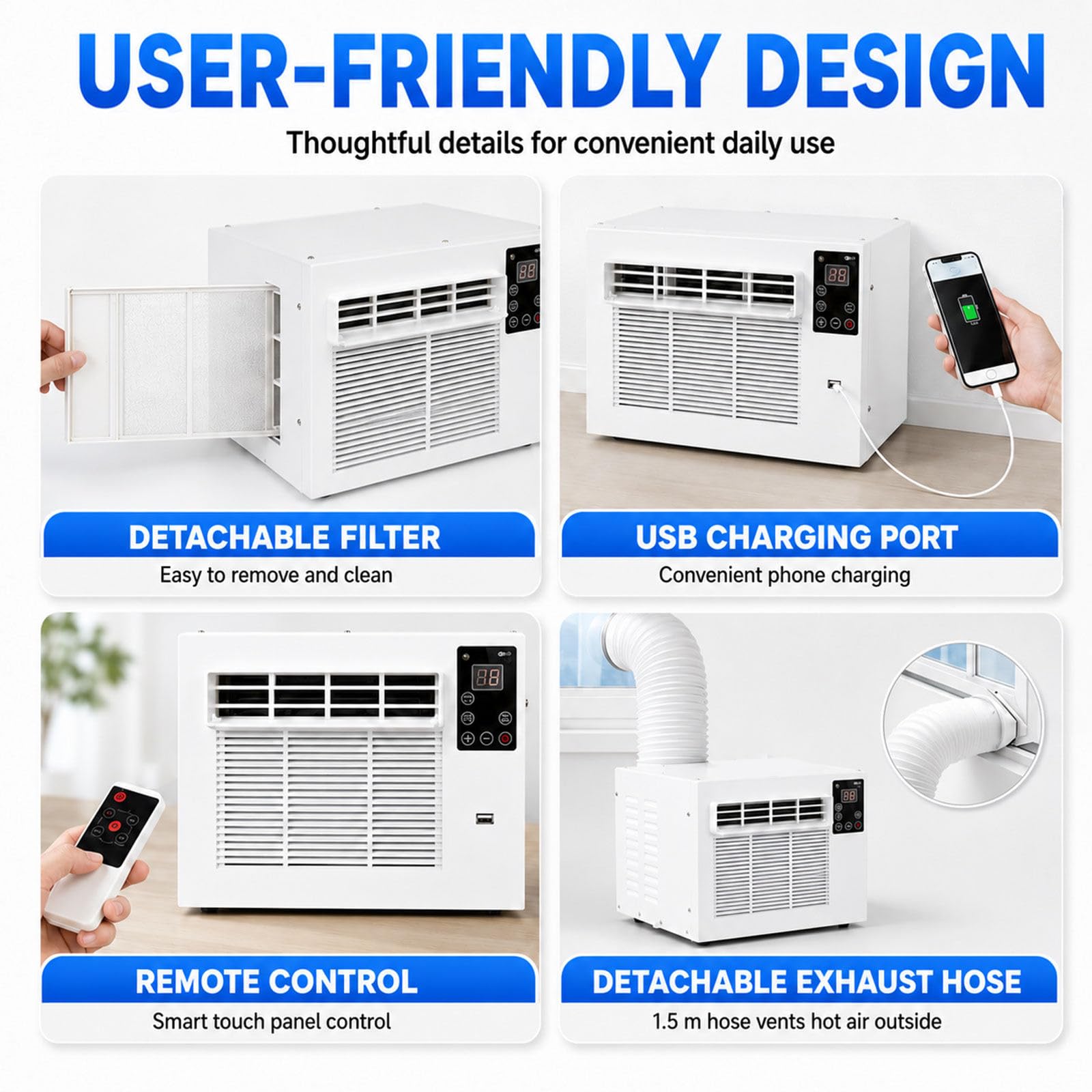 Aire Acondicionado portátil de 38 dB de Ruido | sin unidad exterior, mini aire acondicionado compacto, ideal para camiones, cocinas, dormitorios y casas de alquiler