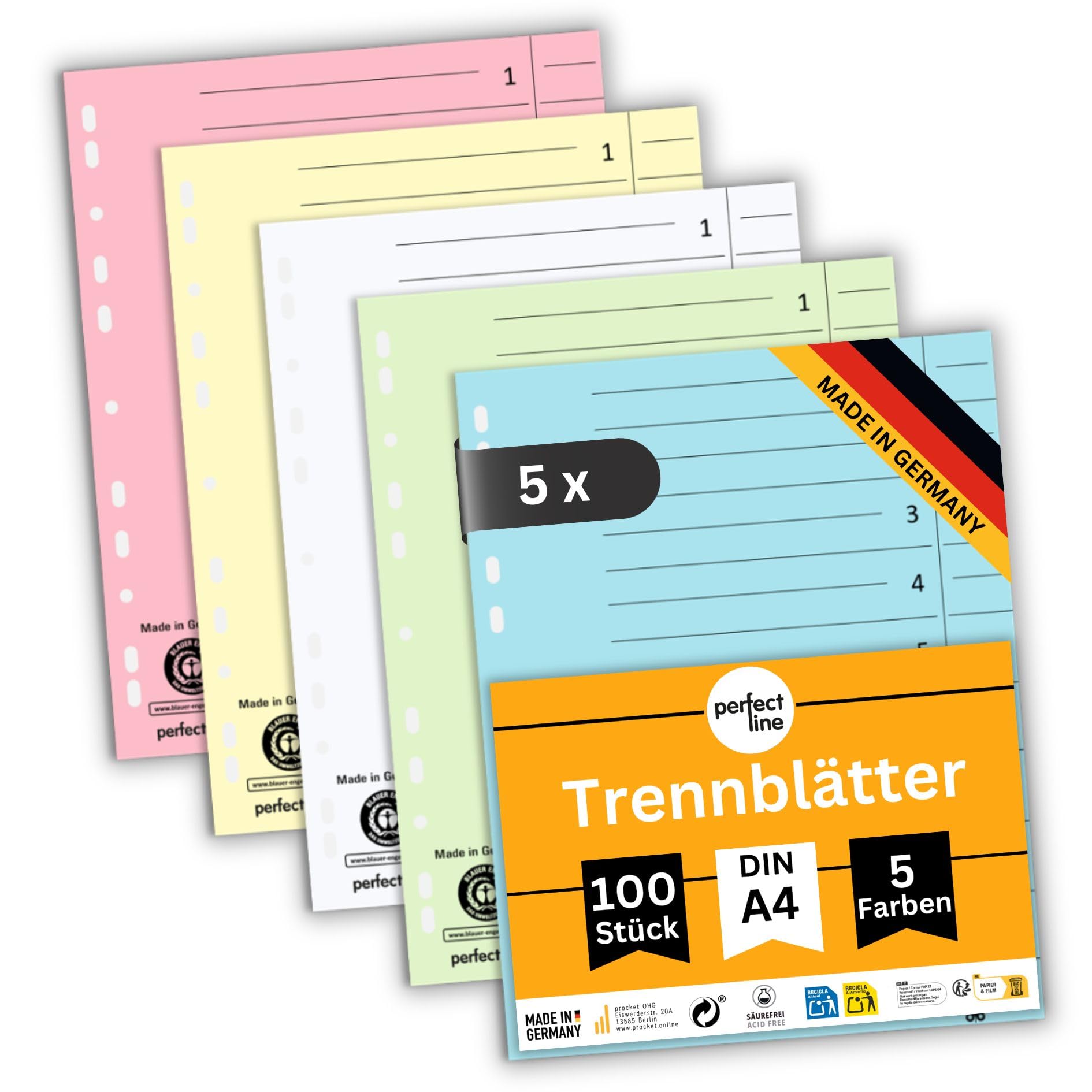 perfect line - 500 przekładek, 5 pastelowych kolorów – stabilny papier z recyklingu, do segregatorów DIN A4 i kołonotoków – do biura, szkoły lub domu – certyfikat Blue Engel (5 x 100 arkuszy)