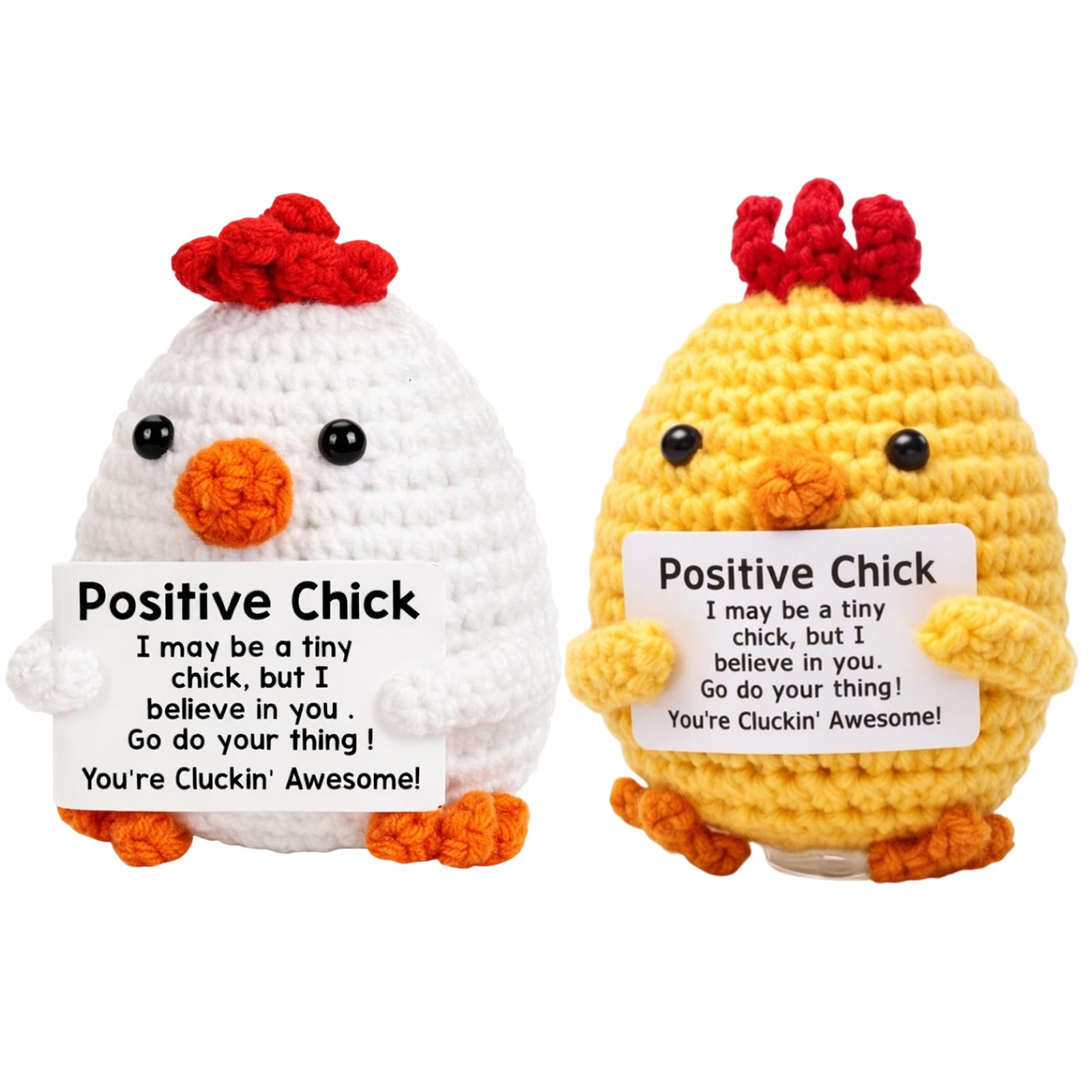 YREYBN 2Pcs Easter Chick Crochet Positive Animals, Yellow White Mini Chicken Emotional Plush with Motivational Signs, Positive Crochet Animals Easter Gifts, 2-Piece Knitted Card Chick Set