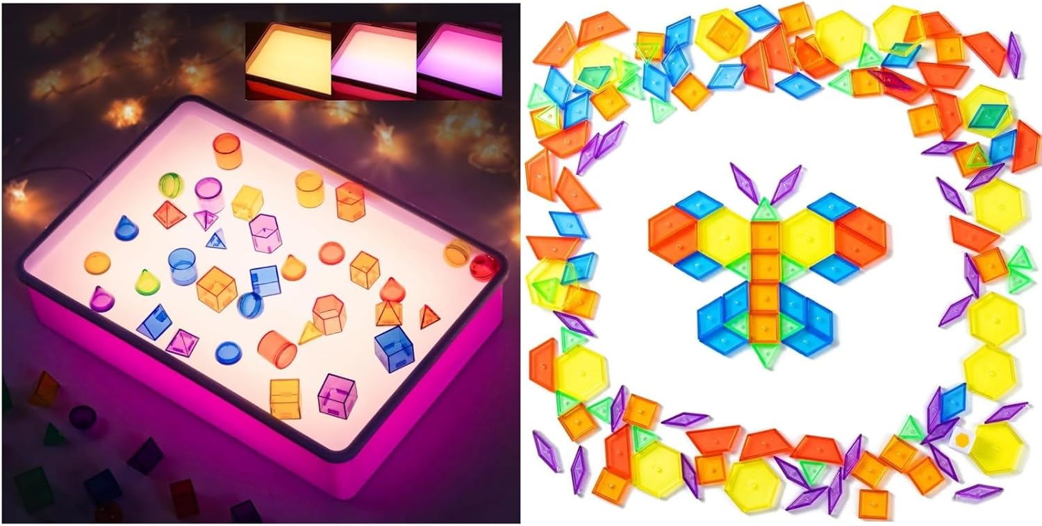 PreTrans Sand Painting Light Box - 128 Pcs Translucent Pattern Blocks,Kids Light Box – 16" – Bright LED Light Table for Kids and Perfect for Exploring Colors and Shapes