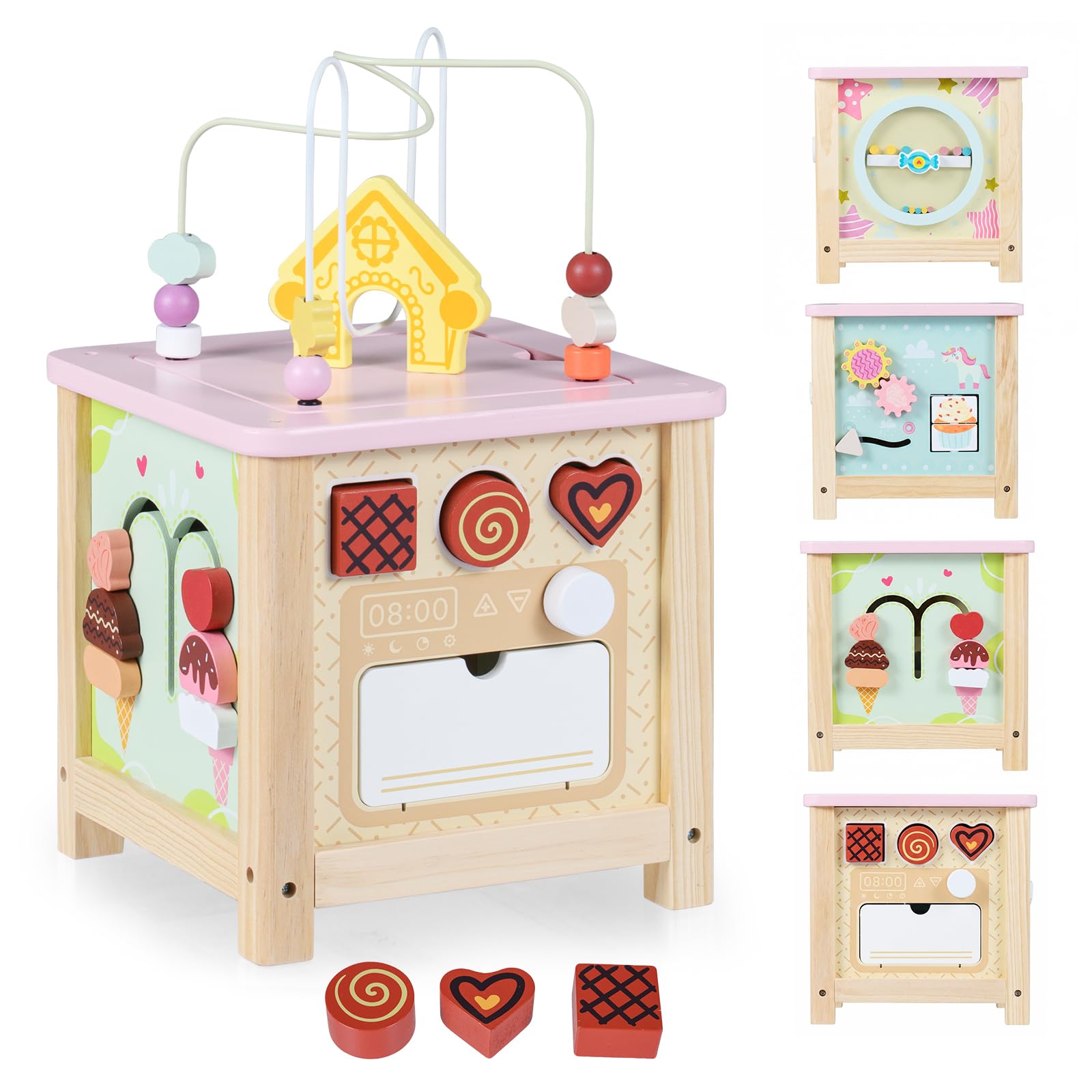 COSTWAY Wooden Activity Cube, Baby Montessori Sensory Toys with Bead Maze, Shape Sorter, Pretend Play Kitchen, Toddler Activity Center Educational Gift for 18+ Months
