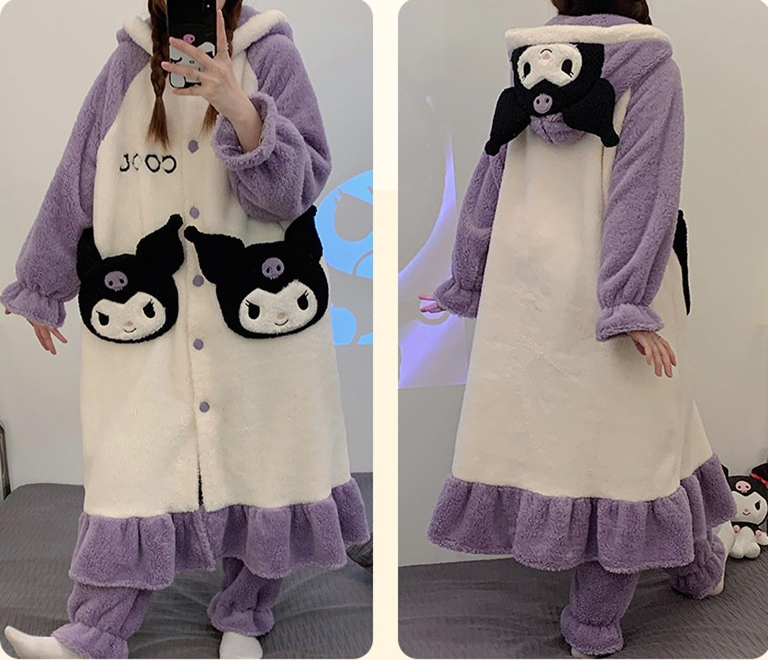 My Melody Pyjama Femme Hiver en Flanelle Peignoir de Bain avec Capuche Polaire Chaude Robe de Chambre et Pantalon Long 2 Pièces Ensemble de Pyjam Vêtements de Nuit