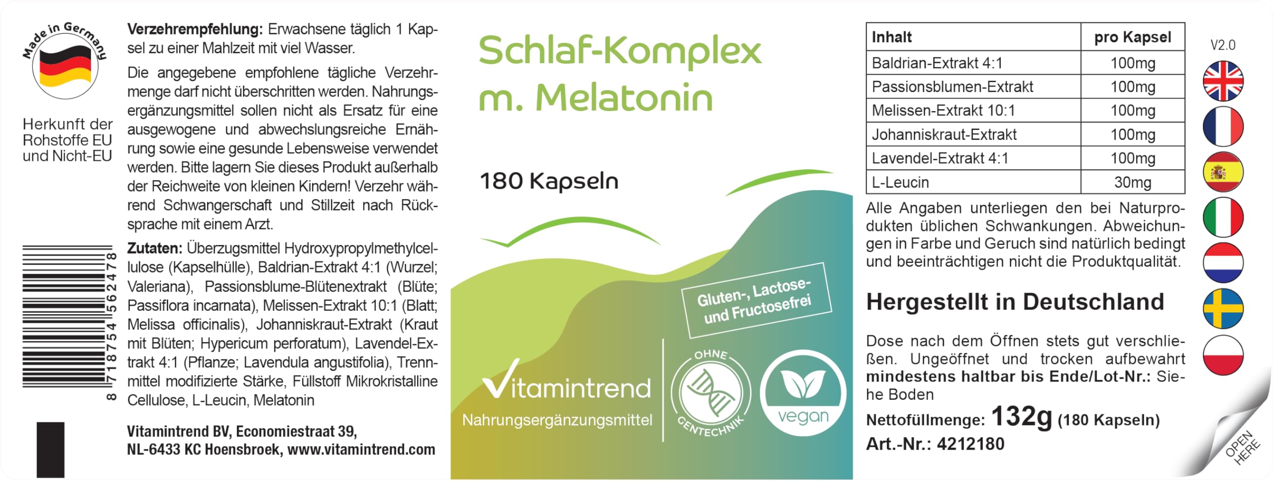 Vitamintrend Schlaf-Komplex mit Melatonin, 180 Kapseln, Baldrian-, Passionsblumen-, Melissen-, Johanniskraut-, Lavendel-Extrakt, hochdosiert, vegan ohne Magnesiumstearat, in Deutschland hergestellt