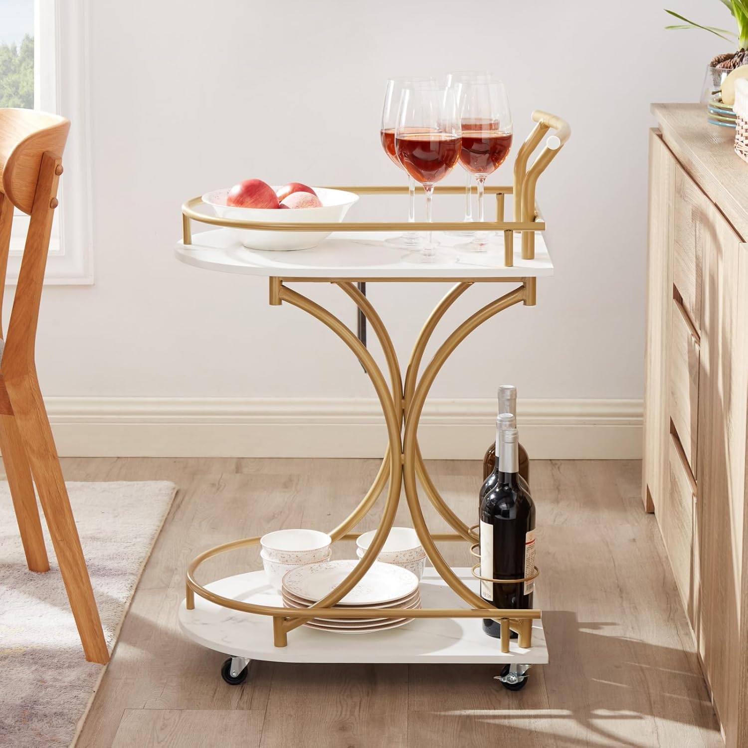 Bar Cart Gold and White, 2-Tier Rolling Wine Serving Cart with Handle, Metal Wine Rack and Casters, for Kitchen and Living Room,Christmas,New Year