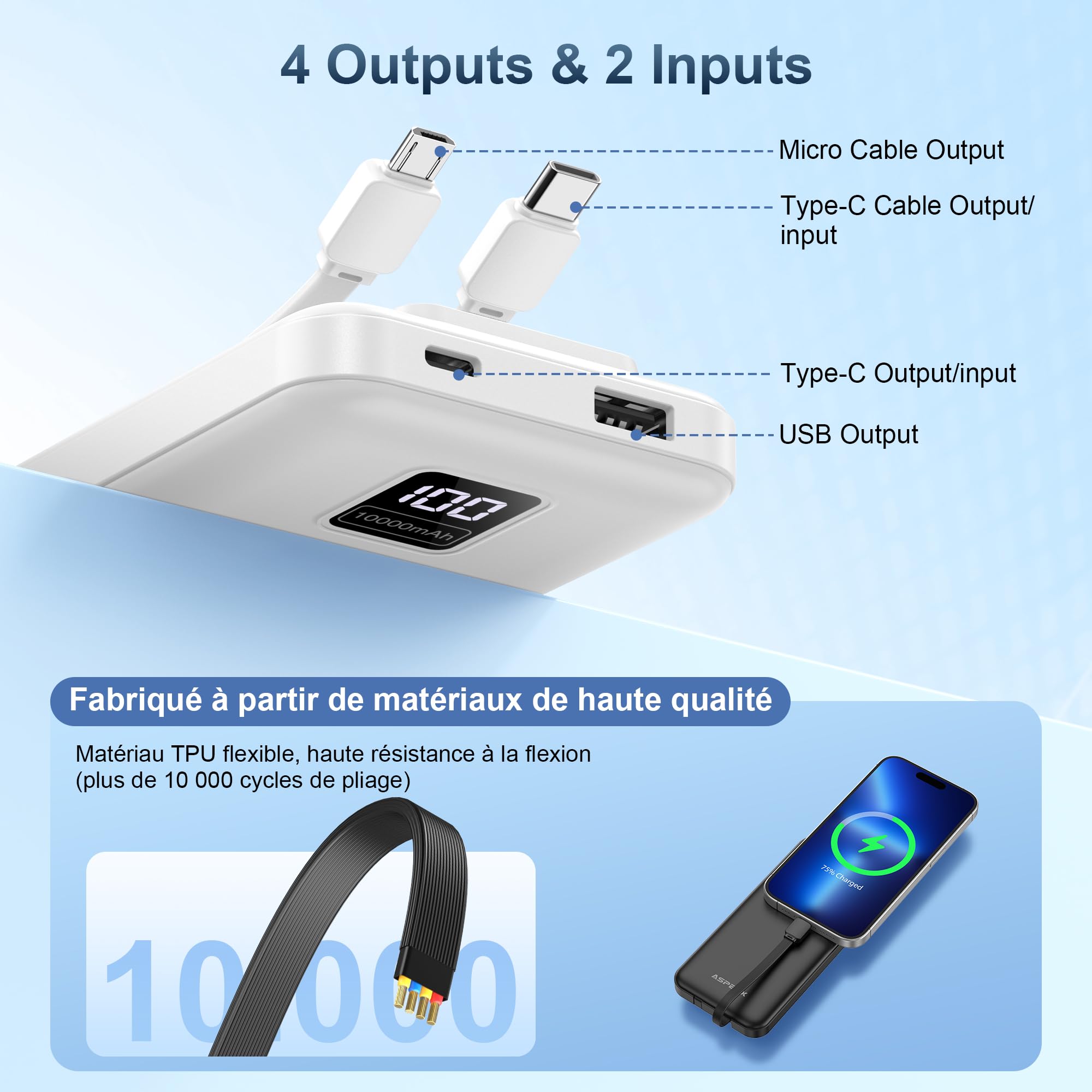 AsperX 2 baterías externas USB C de entrada y salida, con cables integrados