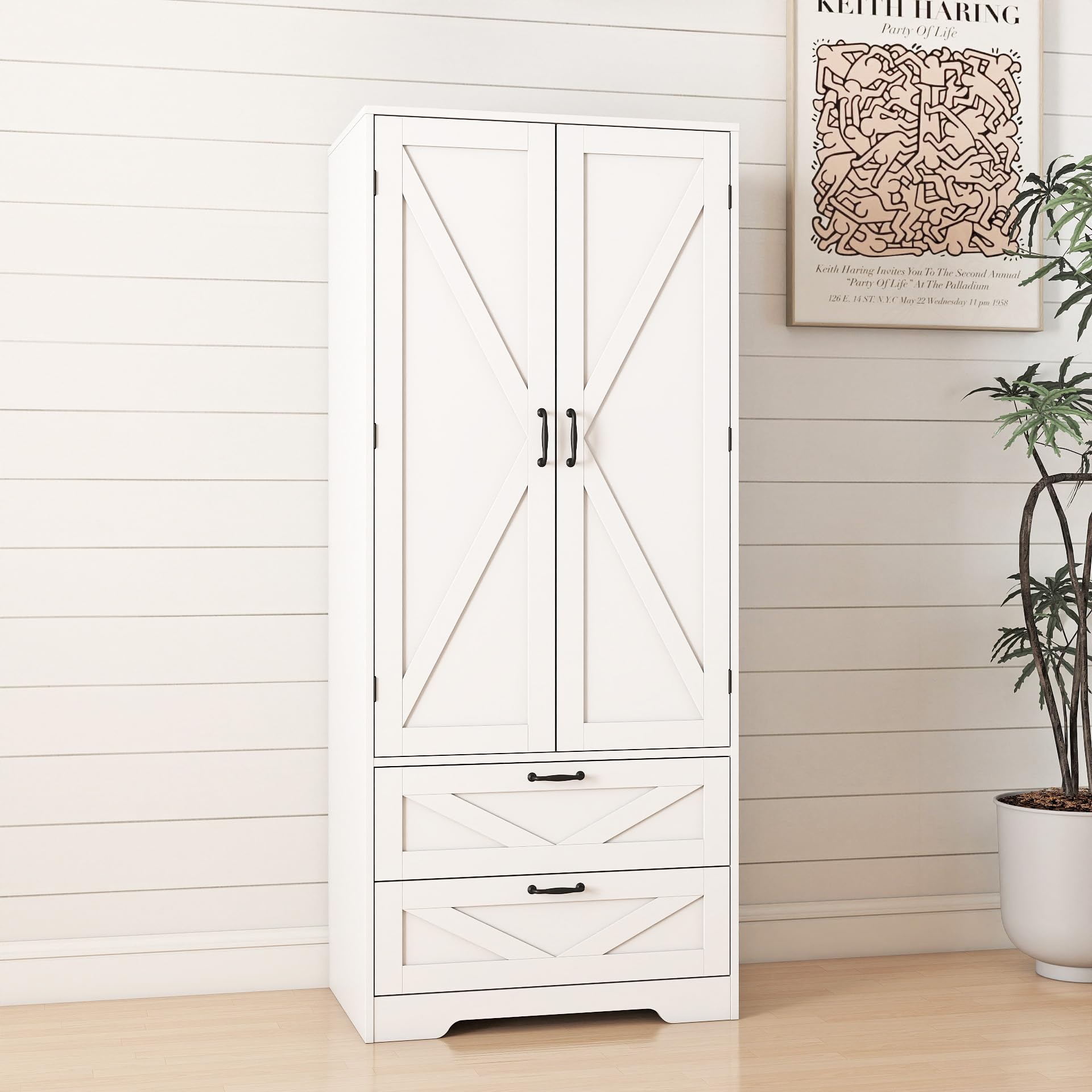 Gdchanyiyi Wardrobe with 2 Doors and 2 Drawers, Wardrobes for Bedroom with Hanging Rail Wooden Storage Cabinet Cupboard (White)