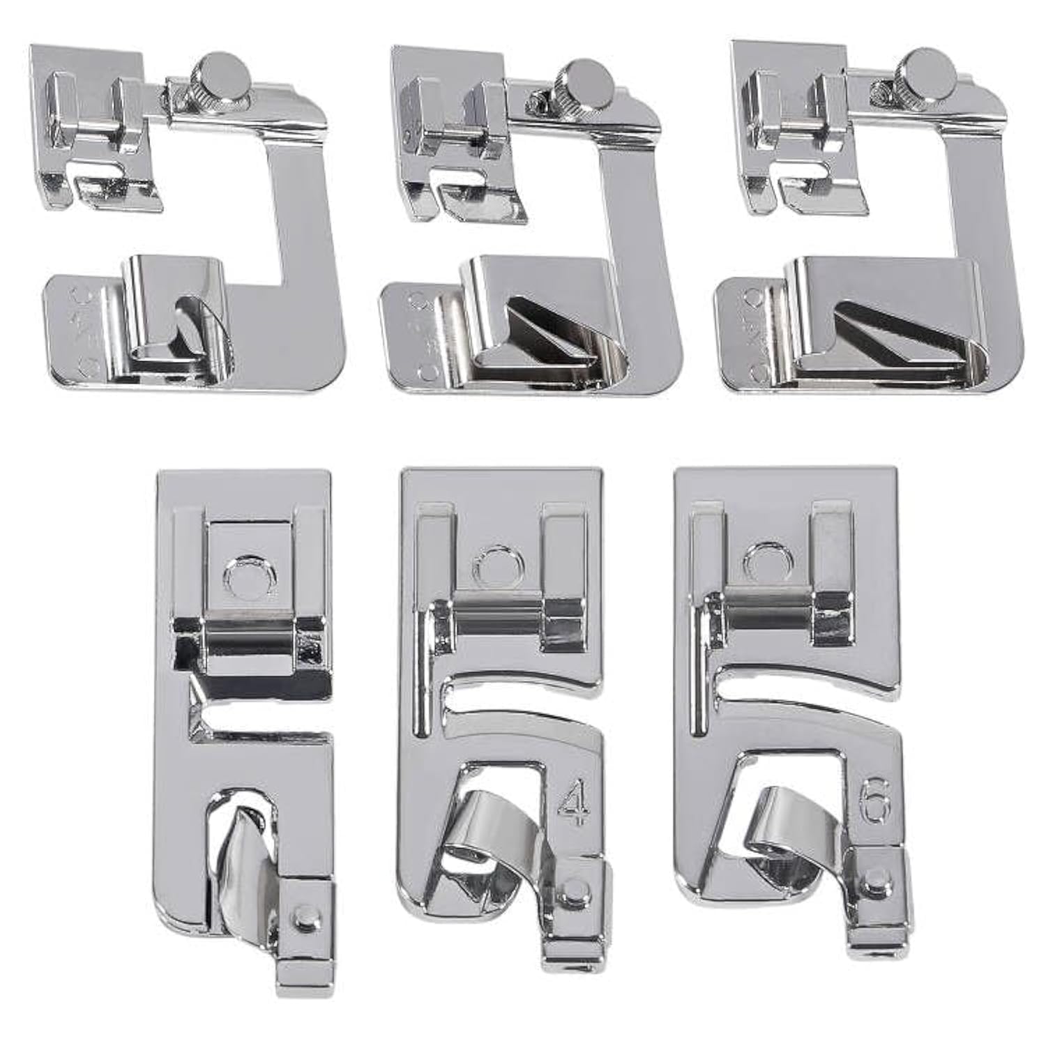 6Pcs Rolled Hem Presser Feet 1/2" 3/4" 1" 1/2 Inch, 3/4 Inch 1 Inch Sew Feet Wide Hemmer 3mm 4mm 6mm Narrow Rolled Hem Sewing Machine Presser Foot for Brother Singer and Other Low Shank Sewing Machine - 6 Pieces (0.5", 0.75", 1", 0.12", 0.16", 0.24")