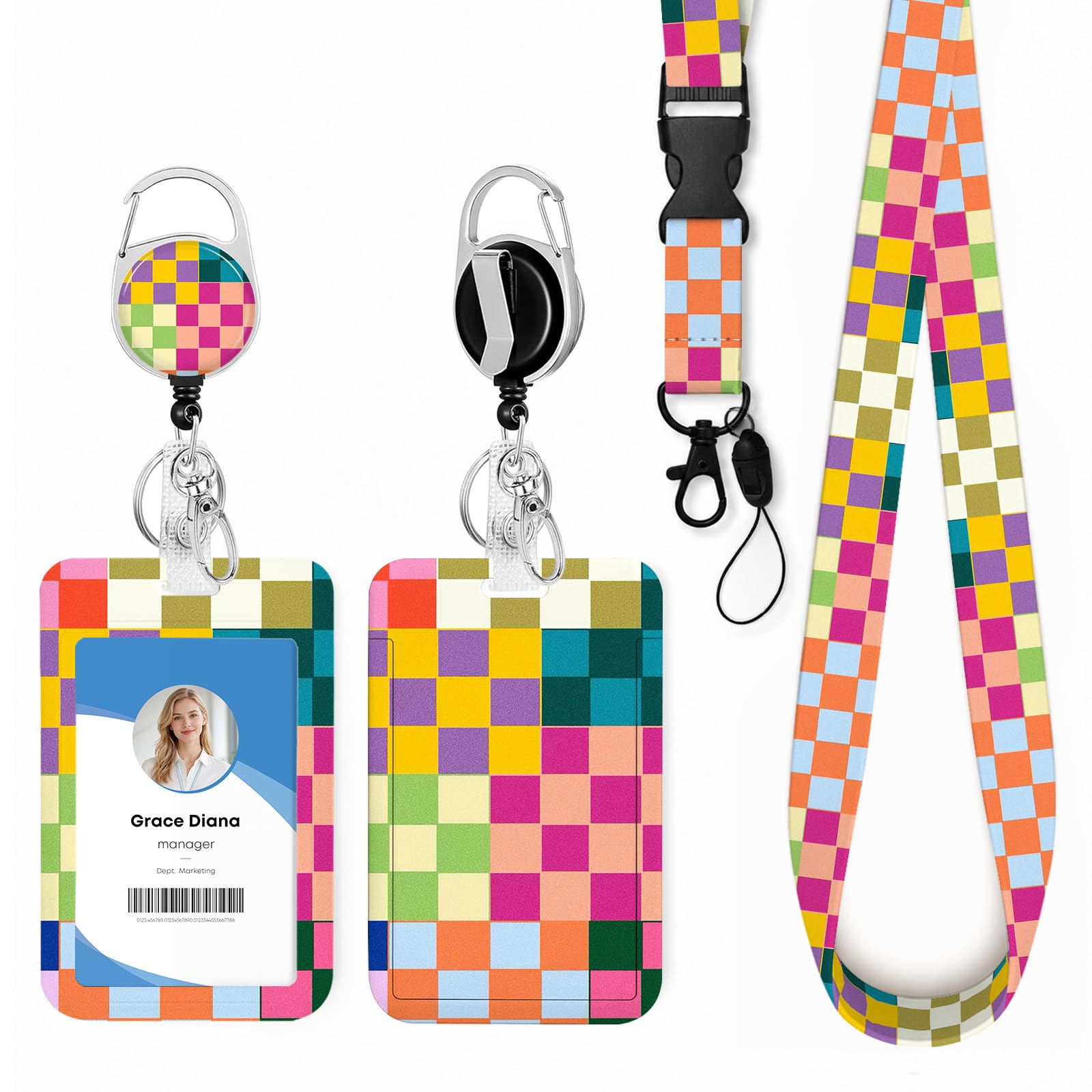 View 1 of WixScribe ID Badge Holder with Lanyard & Retractable Reel, Checkered 2