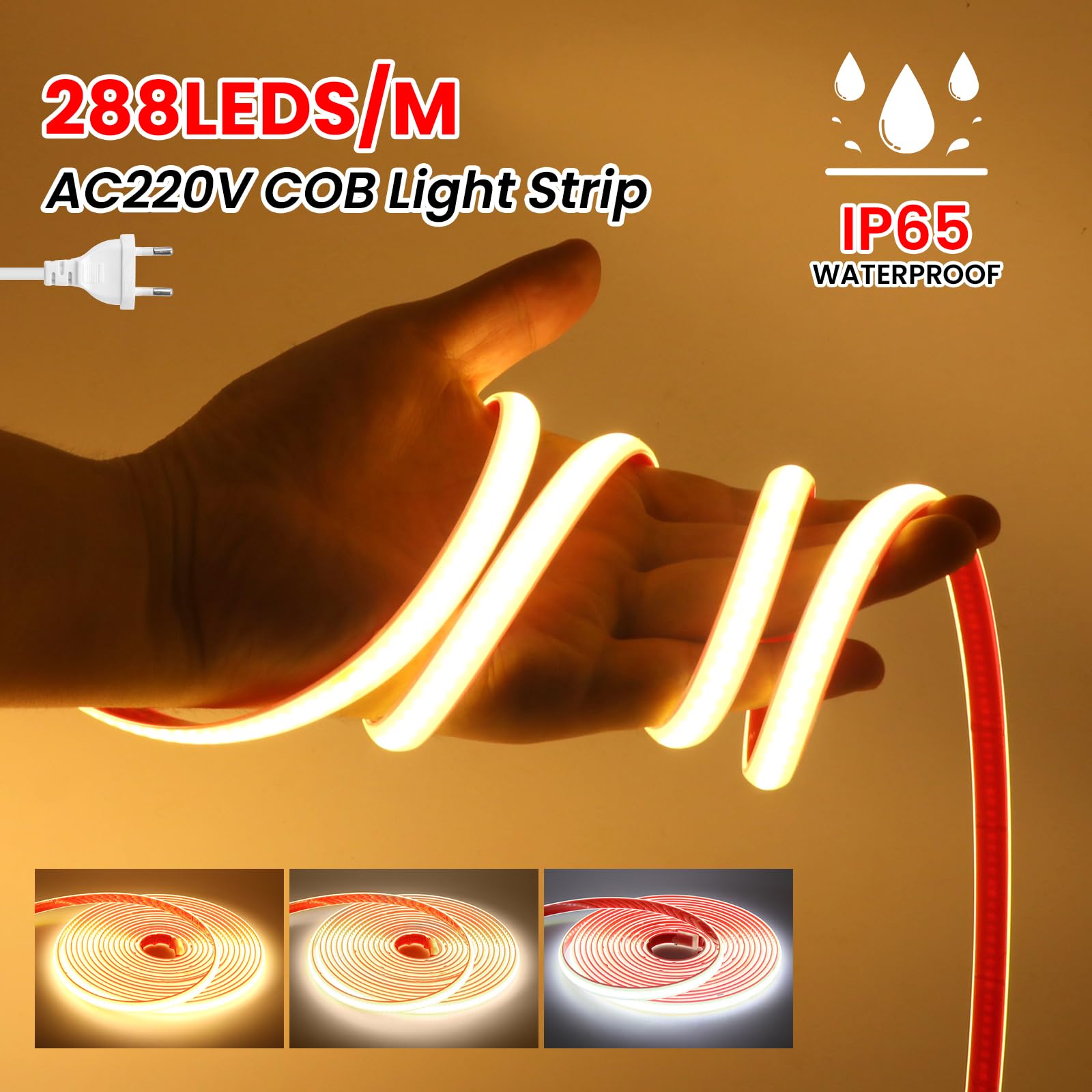KISUFU Tira de LED COB 220V, Alto brillo Impermeable IP65, 288 LEDs/m Tira de LED COB, Cada Corte de 50cm LED Strip Light para Interior Exterior.