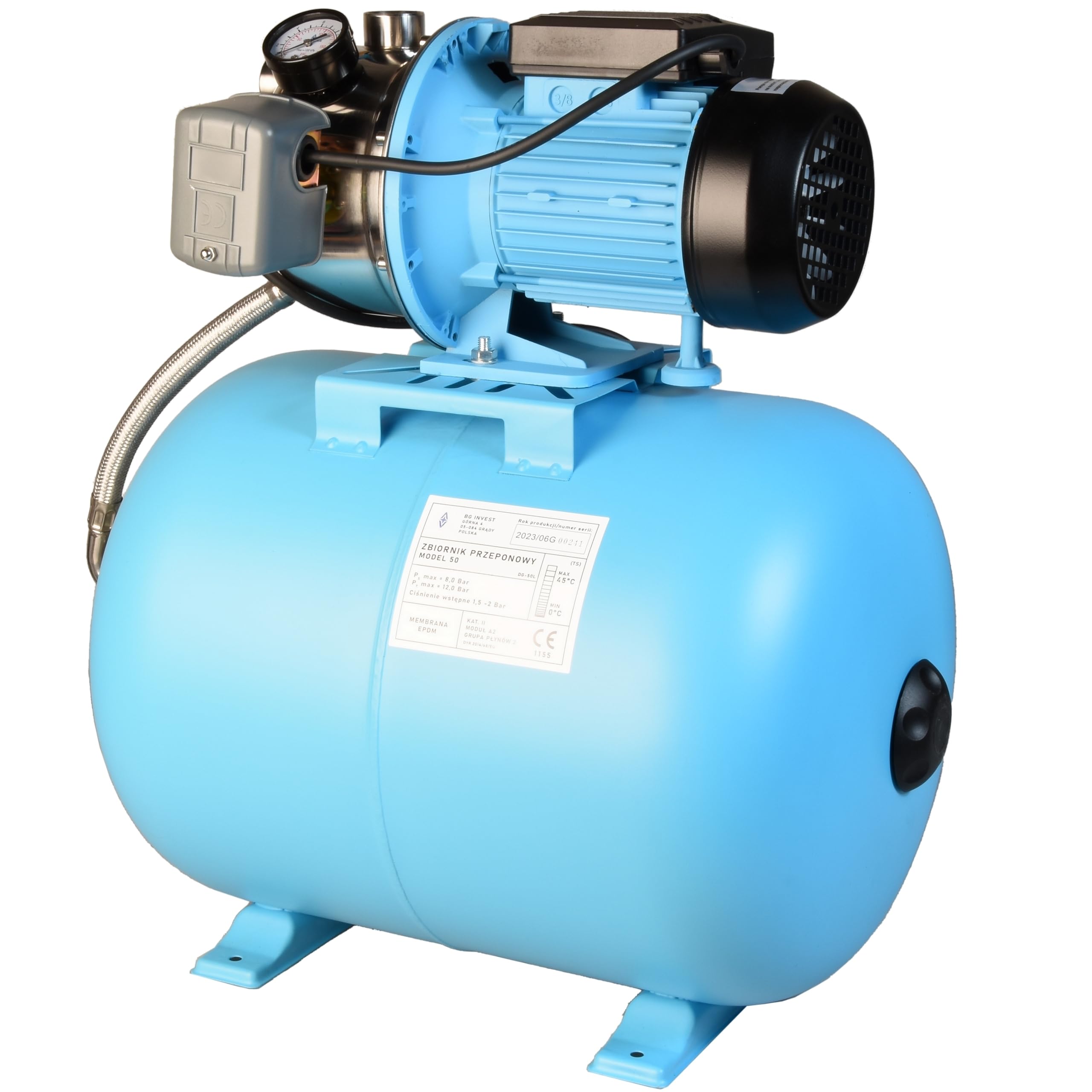 Hydrofor do Wody 50L ZESTAW HYDROFOROWY Pompa Hydroforowa INOX JX 1100 (1100 W, 3600 l/h, max. podnoszenie 50 m) Zbiornik Przeponowy 50 L Osprzęt WYDAJNY
