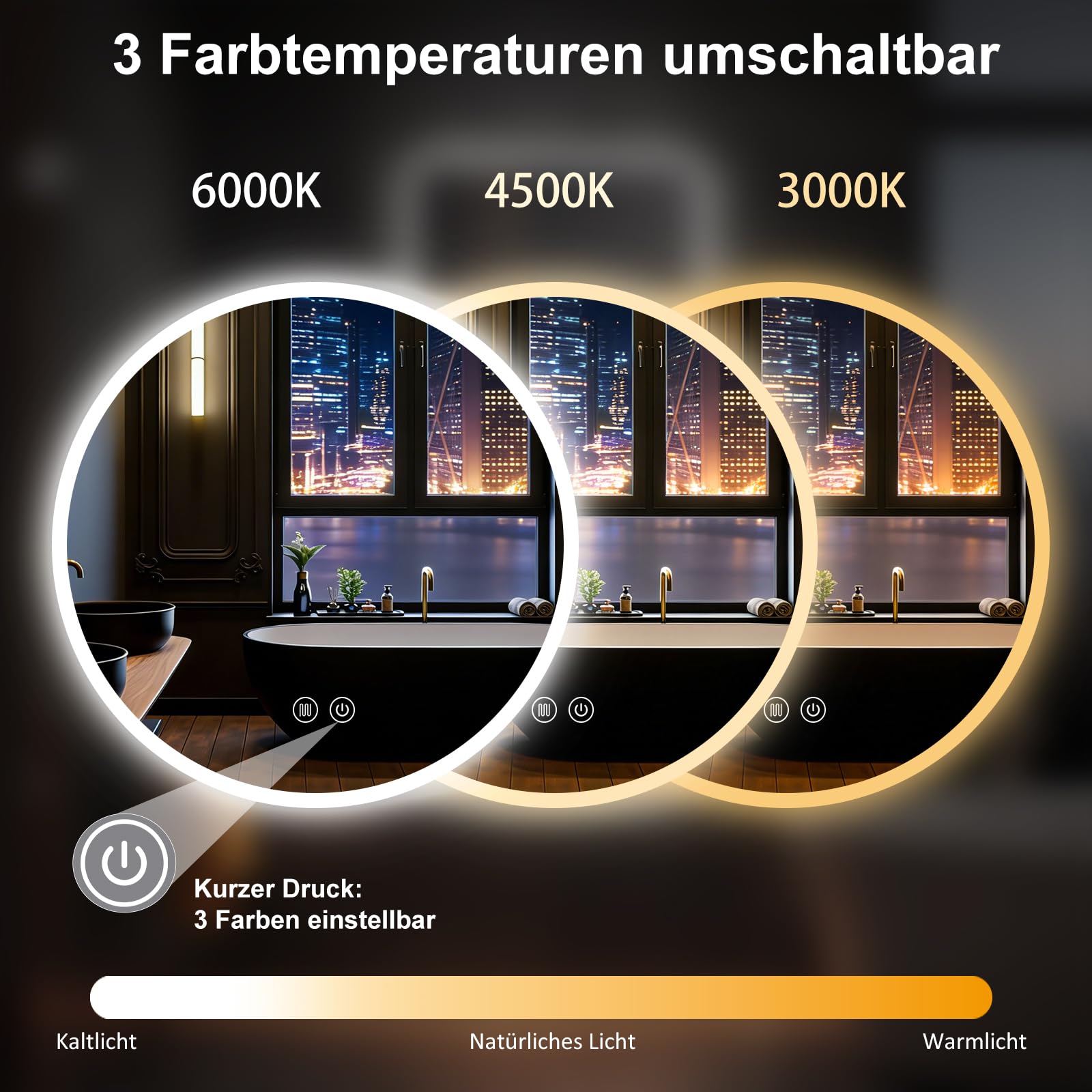 Badspiegel mit Beleuchtung 60cm, Runder Spiegel Badezimmerspiegel mit Beleuchtung, Touch-Schalter, Speicherfunktion, HD Hartglas, 3 Lichtfarben Dimmbarer LED Badezimmer Wandspiegel,60cm Rund