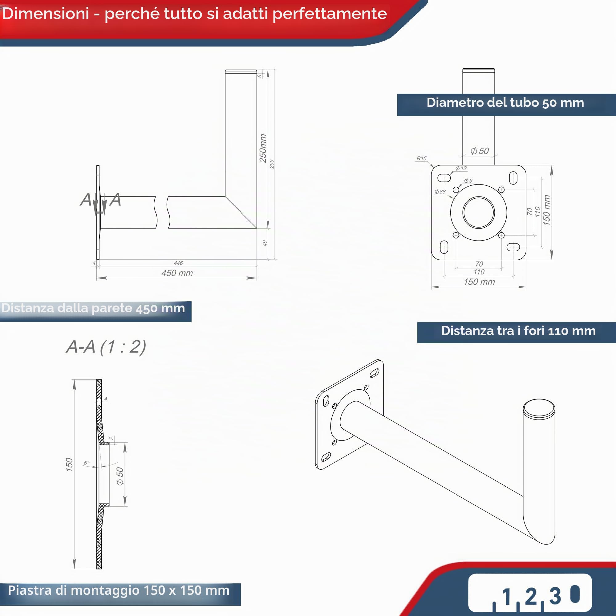 Premium X 45 cm Supporto a Parete in Alluminio SAT Supporto per Parabola Satellitare ALU Supporto a Parete 450 mm
