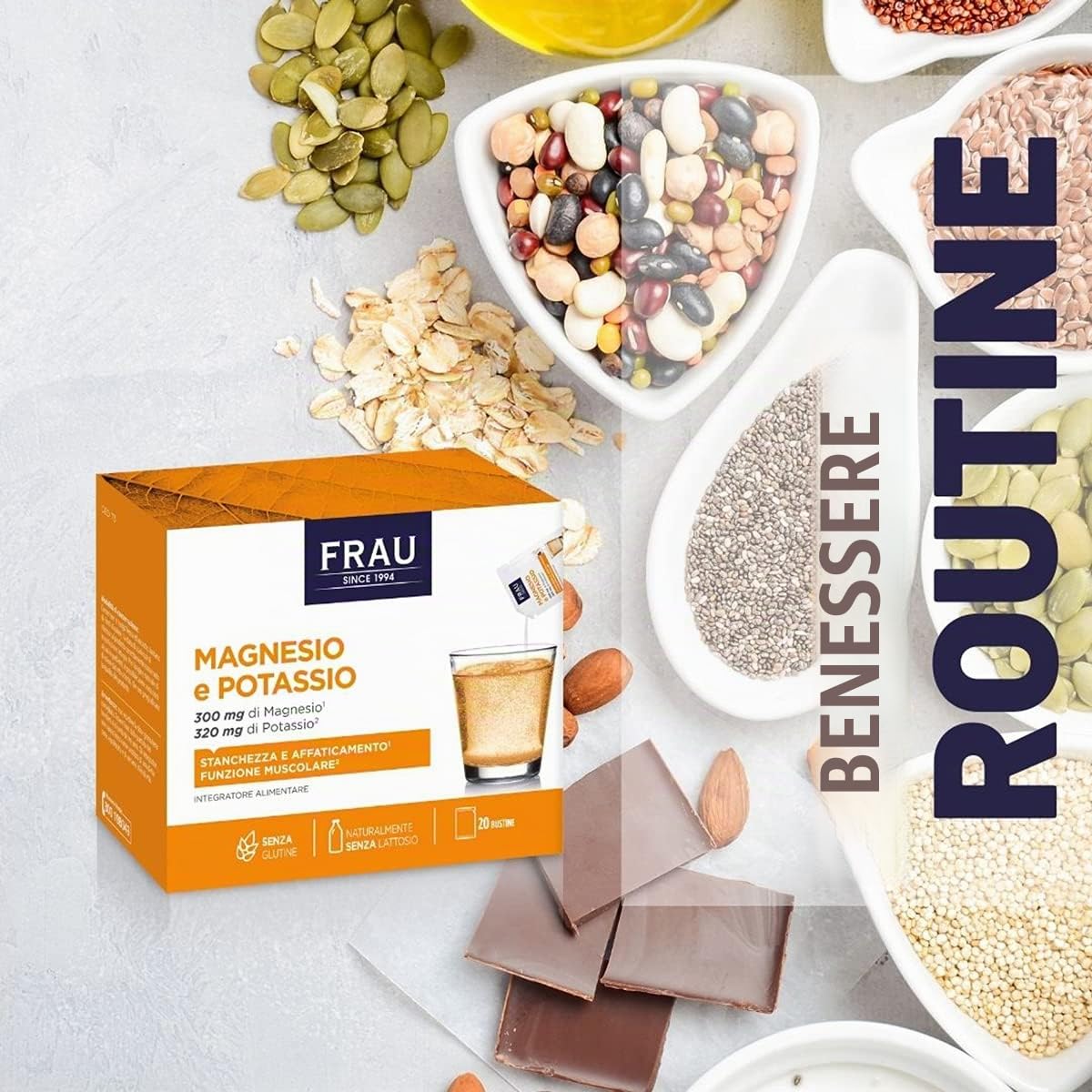 FRAU Magnesio e Potassio, Integratore Alimentare con Potassio, Magnesio, Sali Minerali, 9 Confezioni X 20 Bustine, Senza Lattosio, Senza Glutine, Contro La Spossatezza E La Debolezza, color Bianco