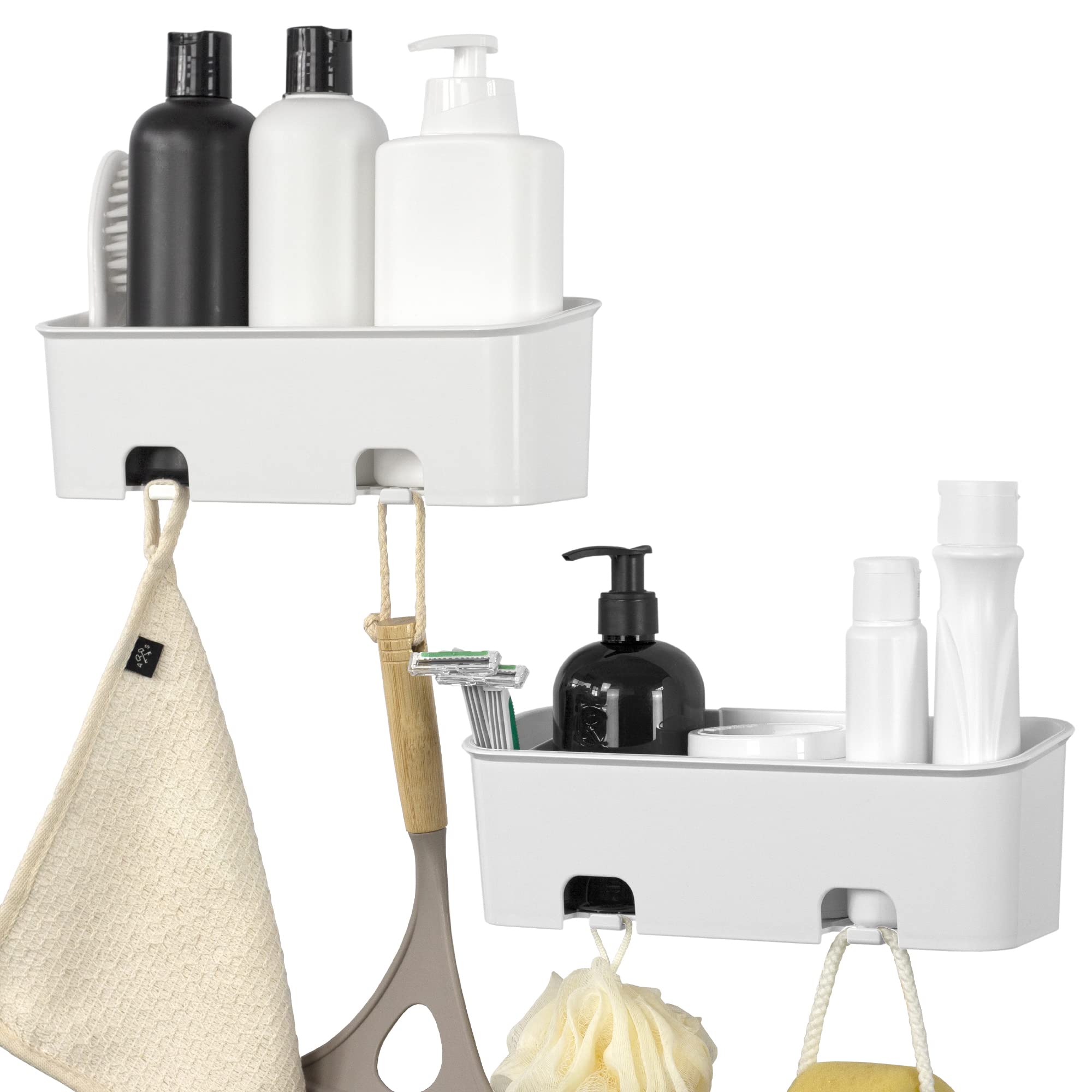 S.b.weston White - Pack Of 2 Sbw Shower Caddy, 2 Pack, Rust Proof Wall Mounted Bathroom Shower Organiser Storage Shelf Rack Caddies With Hangers, No-Drilling, Simple Glue Install, Easy To Remove, Plastic (White - Pack Of 2)