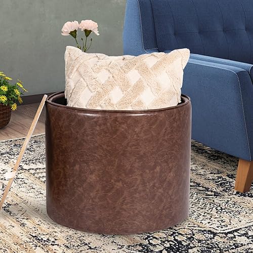 Miniatura 7 de Adeco Otomana redonda de almacenamiento, reposapiés de almacenamiento de piel sintética con tapa extraíble, mesa auxiliar lateral para sala de estar