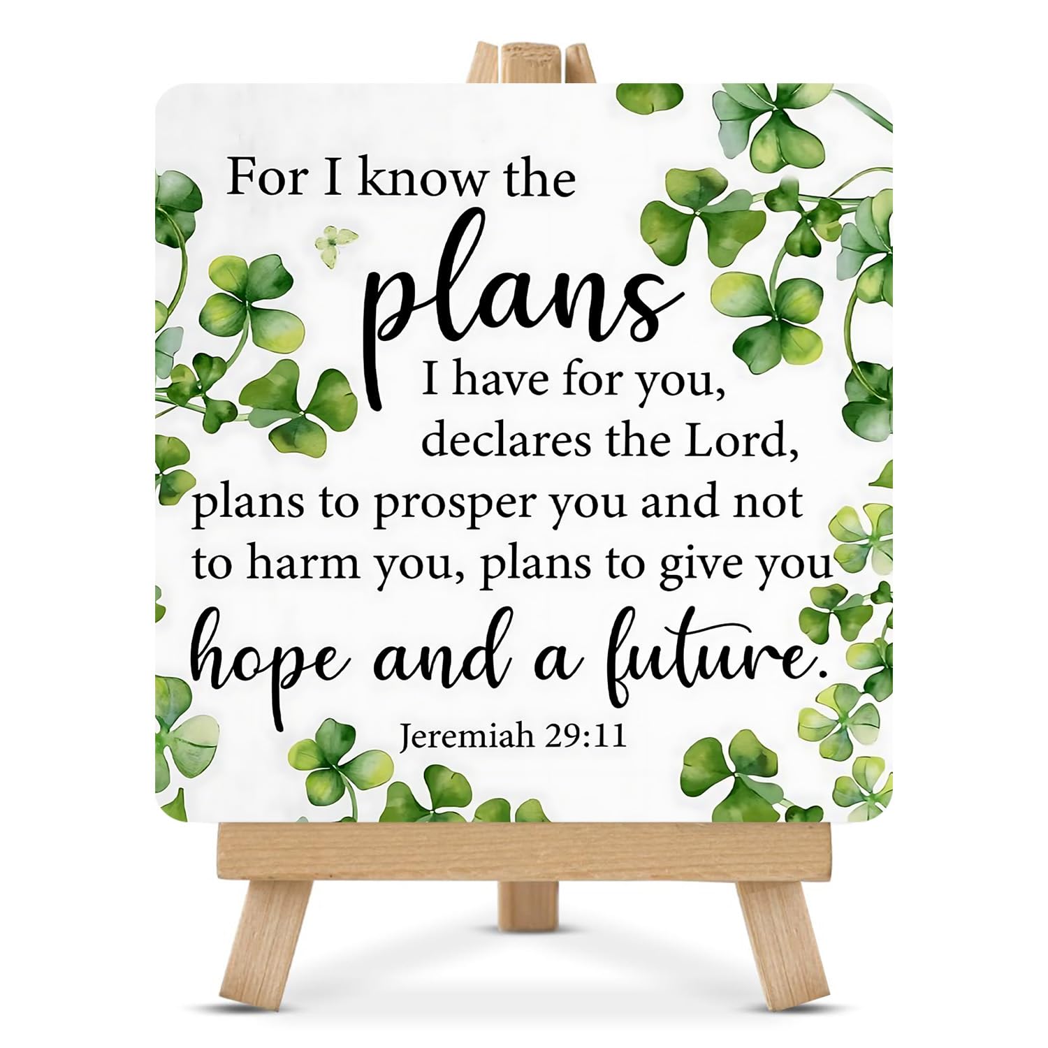 SLGIFT Contemporary Wood Table Decor Plaque with Stand, Jeremiah 29:11 Bible Verse, Clover Design, 12.5 x 12.5 cm, Square, Tabletop-image-48