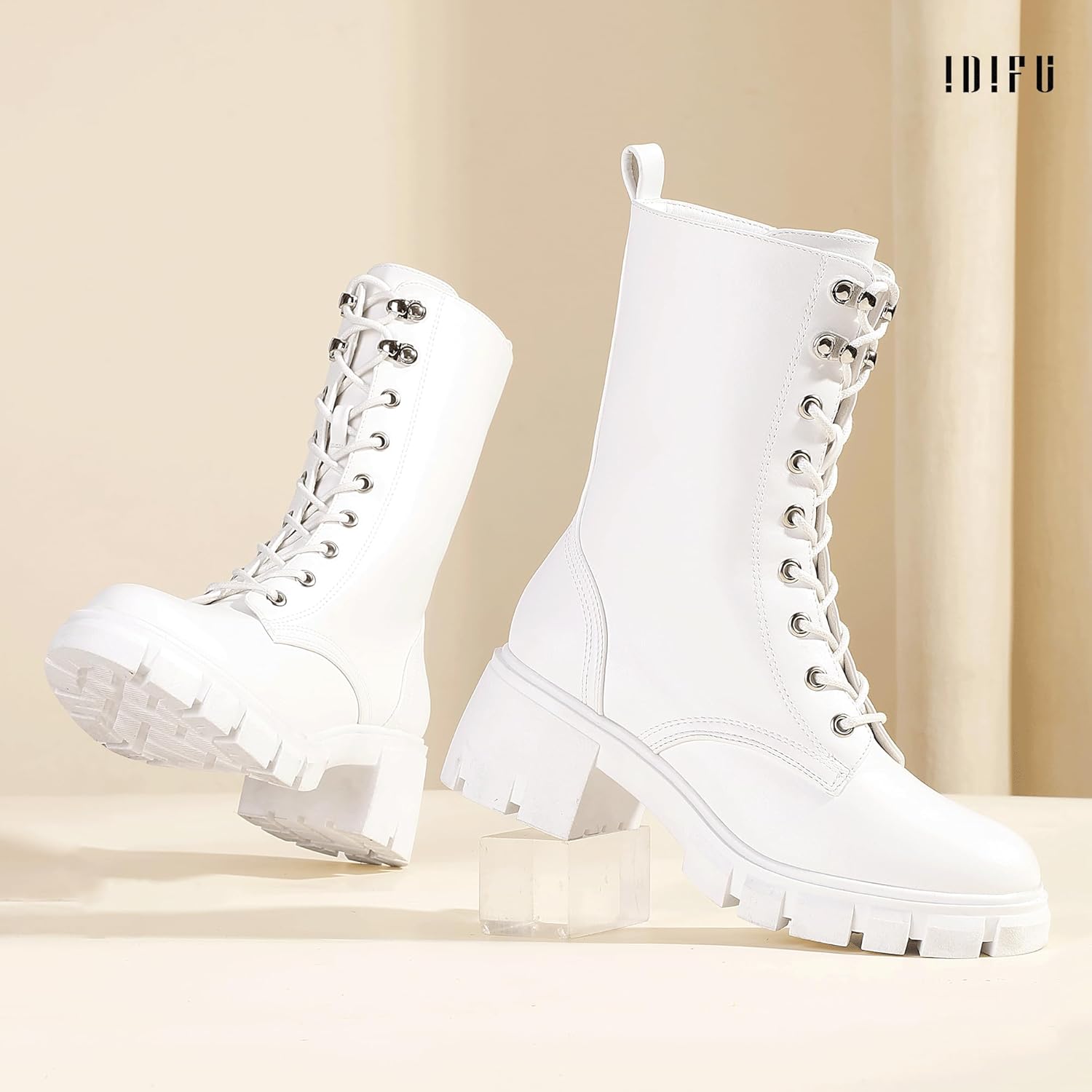 IDIFU IN3 Platform Combat Boots for Women Mid Calf Lace Up Boots Lug Sole Low Chunky Block Heel Boots Closed Round Toe Side Zipper Booties Fashion Thick Fall Heeled Boots-LOOSEN ALL LACES FIRSTLY - Image 5