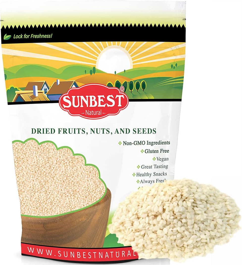 Sunbest Natural White Sesame Seeds, Hulled, Non-GMO, Vegan, Kosher, 1 Lbs.