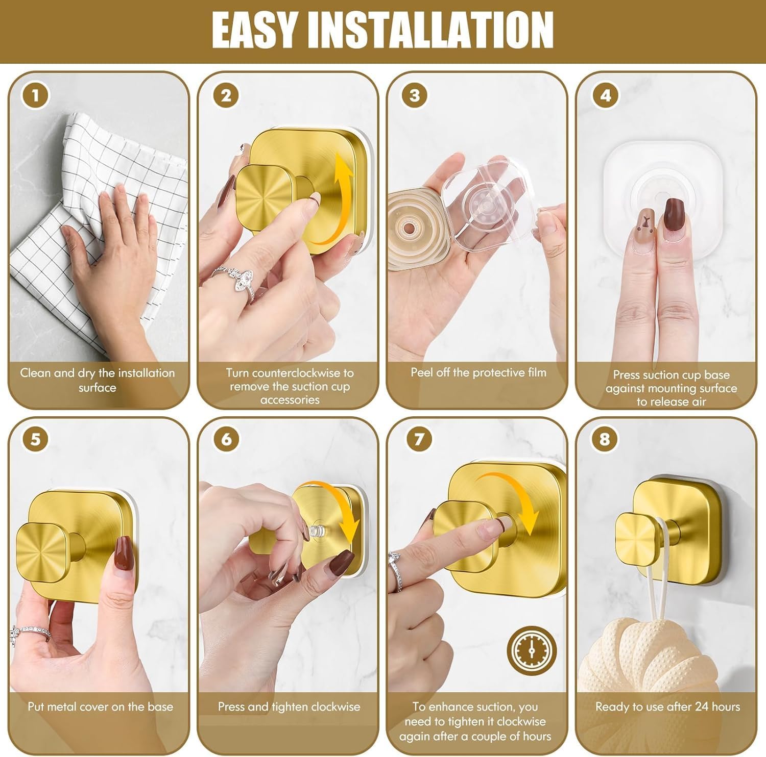 MOTAIPEAK Suction Cup Hooks for Shower, Shower Hooks for Inside Shower, No Drill Strong Hold Towel Hooks, Waterproof Removable Hooks for Bathroom Wall, Glass, Tile, Door – Gold (4 Pack)