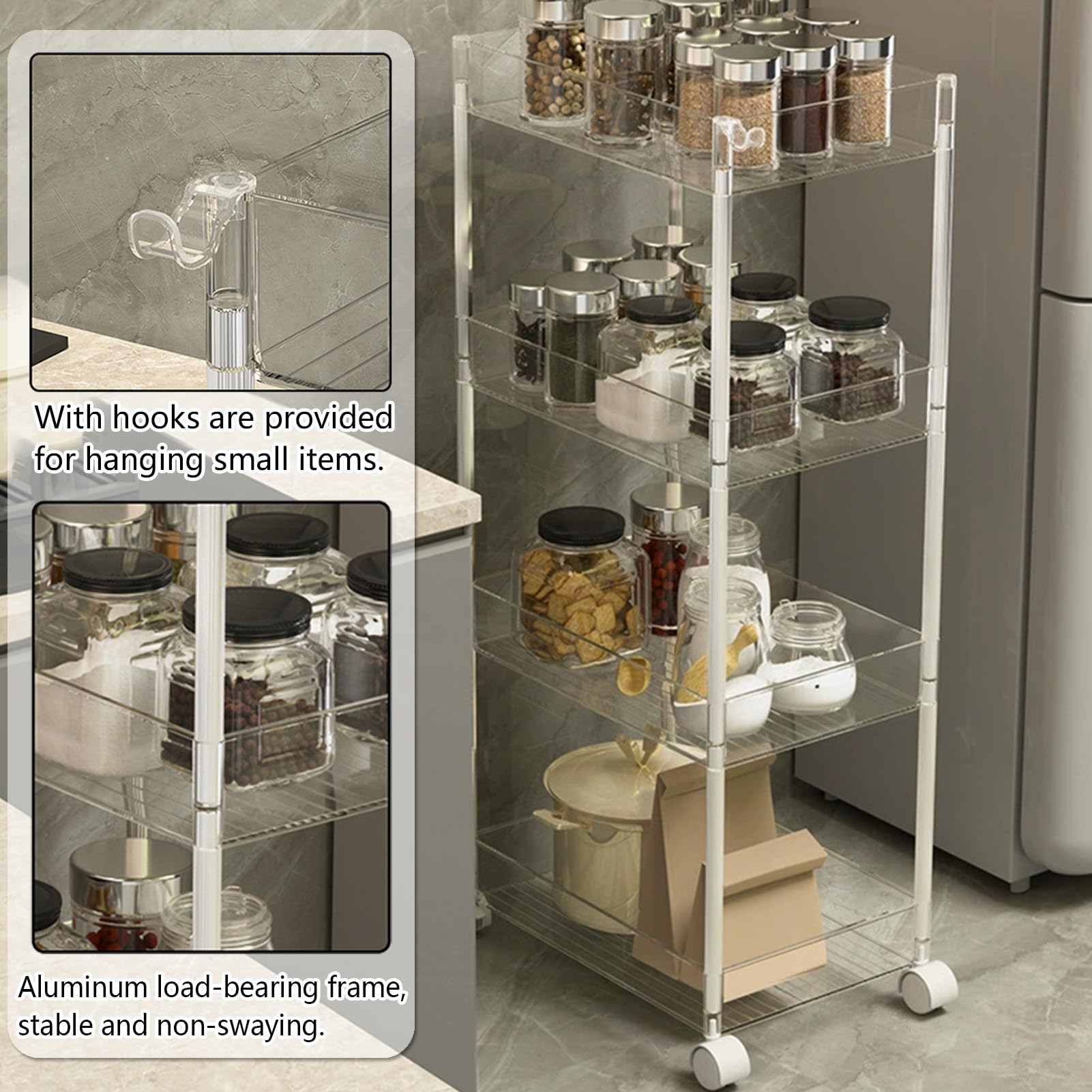 Carrito rodante utilitario con ruedas bloqueables, estantes móviles de 3 niveles con ganchos para baño, cocina, dormitorio, almacenamiento, diseño transparente
