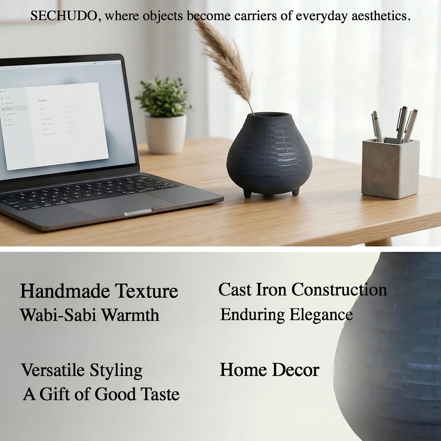 Unique Handmade Cast Iron Vase for Dried Flowers or Pampas Grass, Small and Durable Wabi Sabi Vases Suitable for Office or Home, Matte Black Vase for Modern and Minimalist Decor (5.5"W×5.12"H)