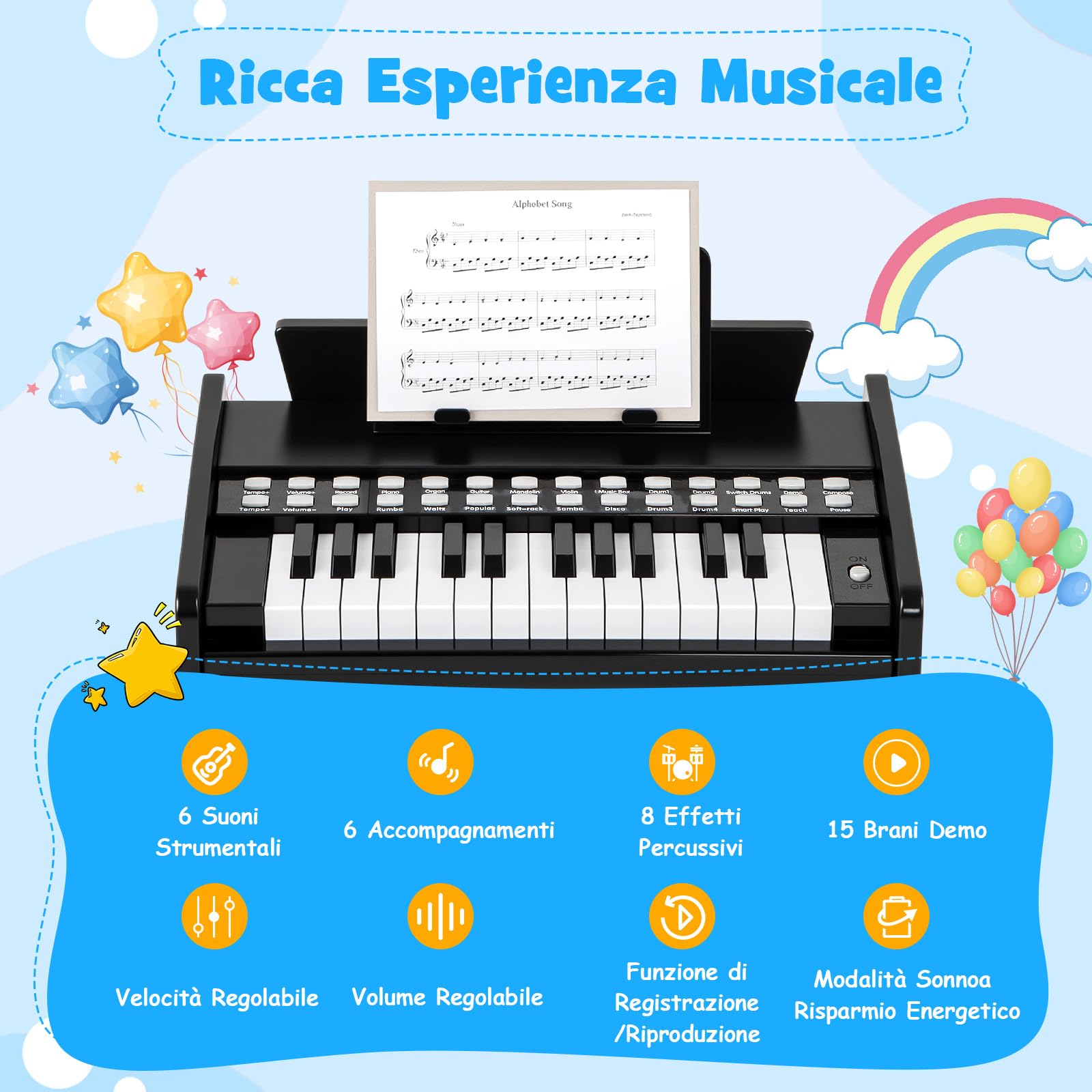 COSTWAY Tastiera Pianoforte per Bambini a 25 Tasti, Mini Pianoforte Digitale Giocattolo, con Velocità e Volume Regolabili, Tasto Luminoso e Leggio, Modalità Didattica, per 3+ Anni (Nero)