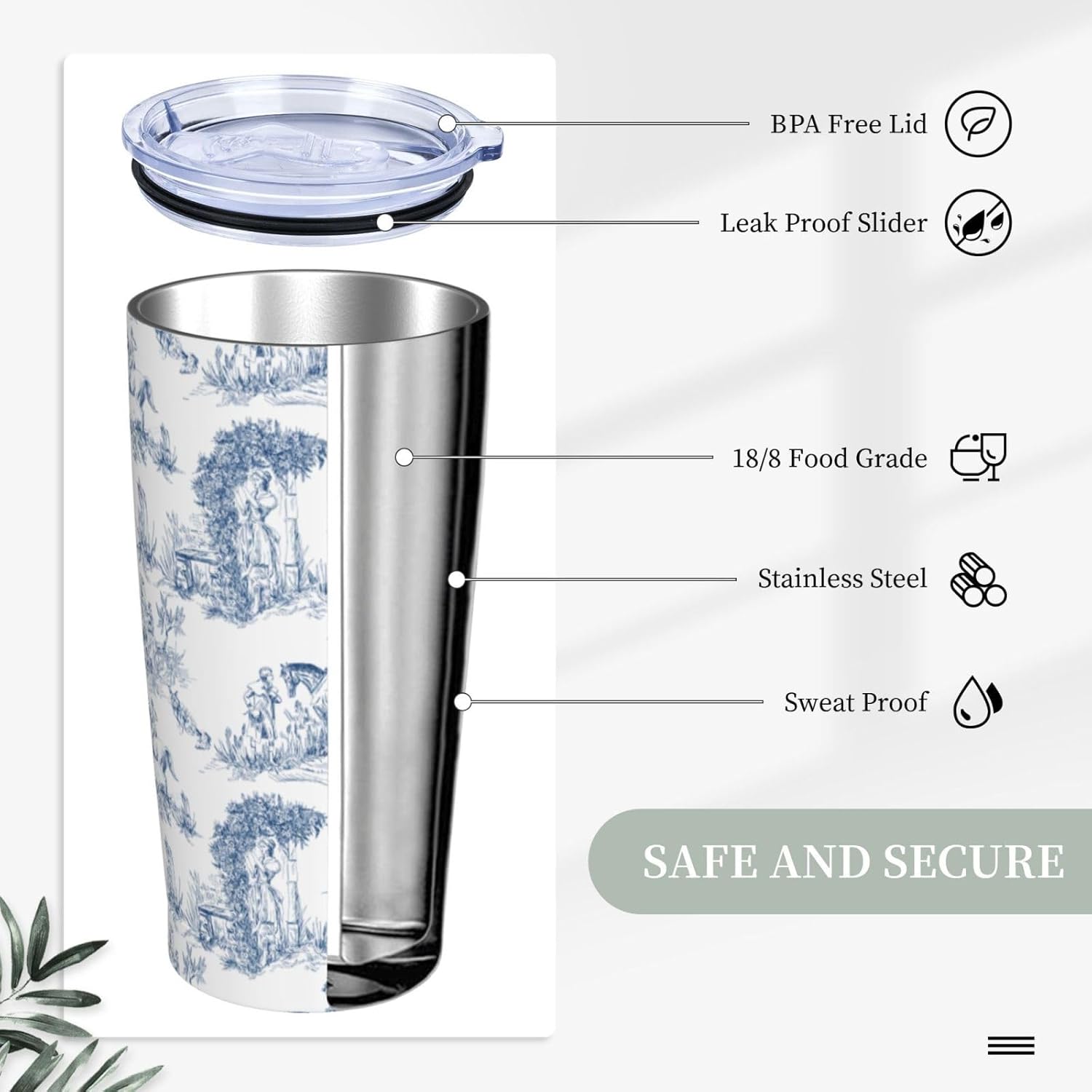 Blue Vintage Toile De Jouy 20oz Insulated Stainless Steel Tumbler With Lids And Straws Stainless Steel Double Wall Vacuum Insulated Travel Coffee Mug Leak-Proof Lid & Flip Lid For Hot And Cold Drinks - Image 4