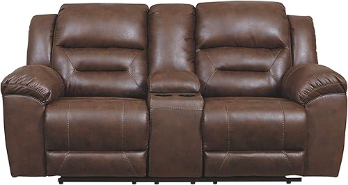 Miniatura 24 de Signature Design by Ashley Stoneland - Sofá biplaza reclinable manual de piel sintética con consola central, color marrón claro