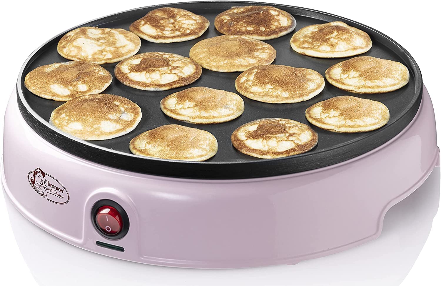 Bestron Poffertjes Maker, inkl. Teigportionierer für 700ml mit Skala, Ideal zum Befüllen des Poffertjes-Geräts, Farbe Gerät: Rosa, Teigflasche: Weiß