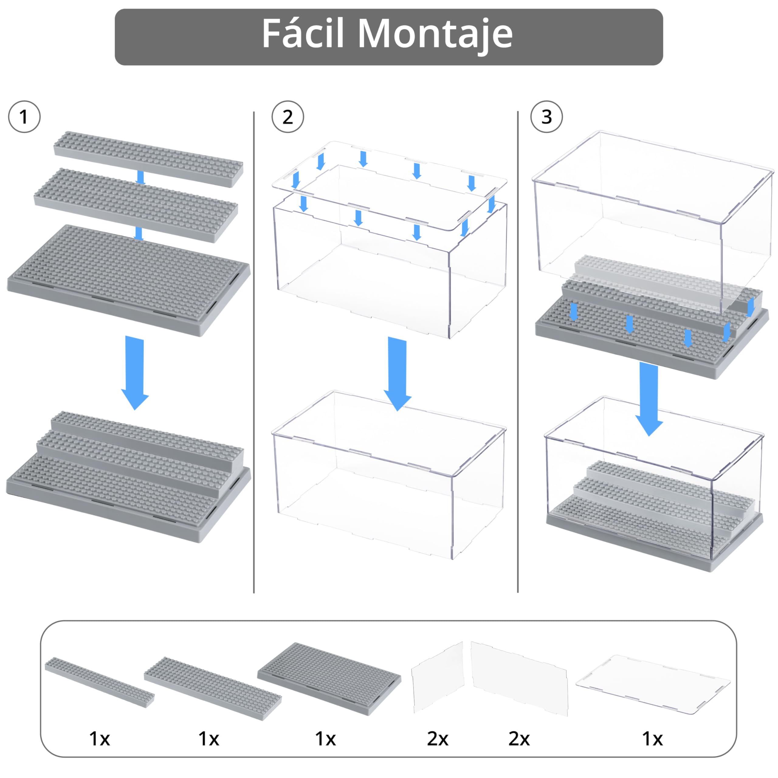 Winter Shore Expositor Metacrilato Gris Apilable de 3 Niveles (Pack de 2) | Organizador Transparente para Minifiguras, Juguetes y Construcción de Bloques, Prueba de Polvo y Placas Base Tachonadas