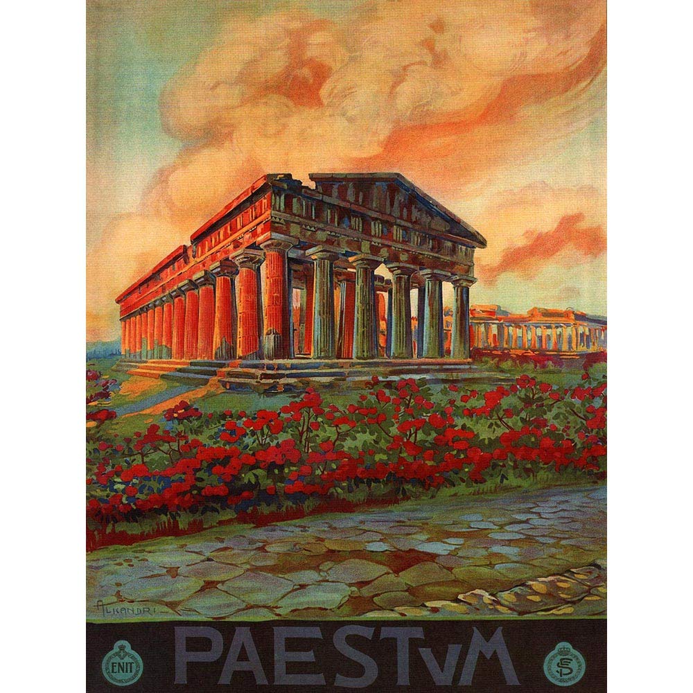 Wee Blue Coo Travel Paestum Temple Poseidon Hera Roman Italy Vintage Advert Art Print Poster Wall Decor 12X16 Inch