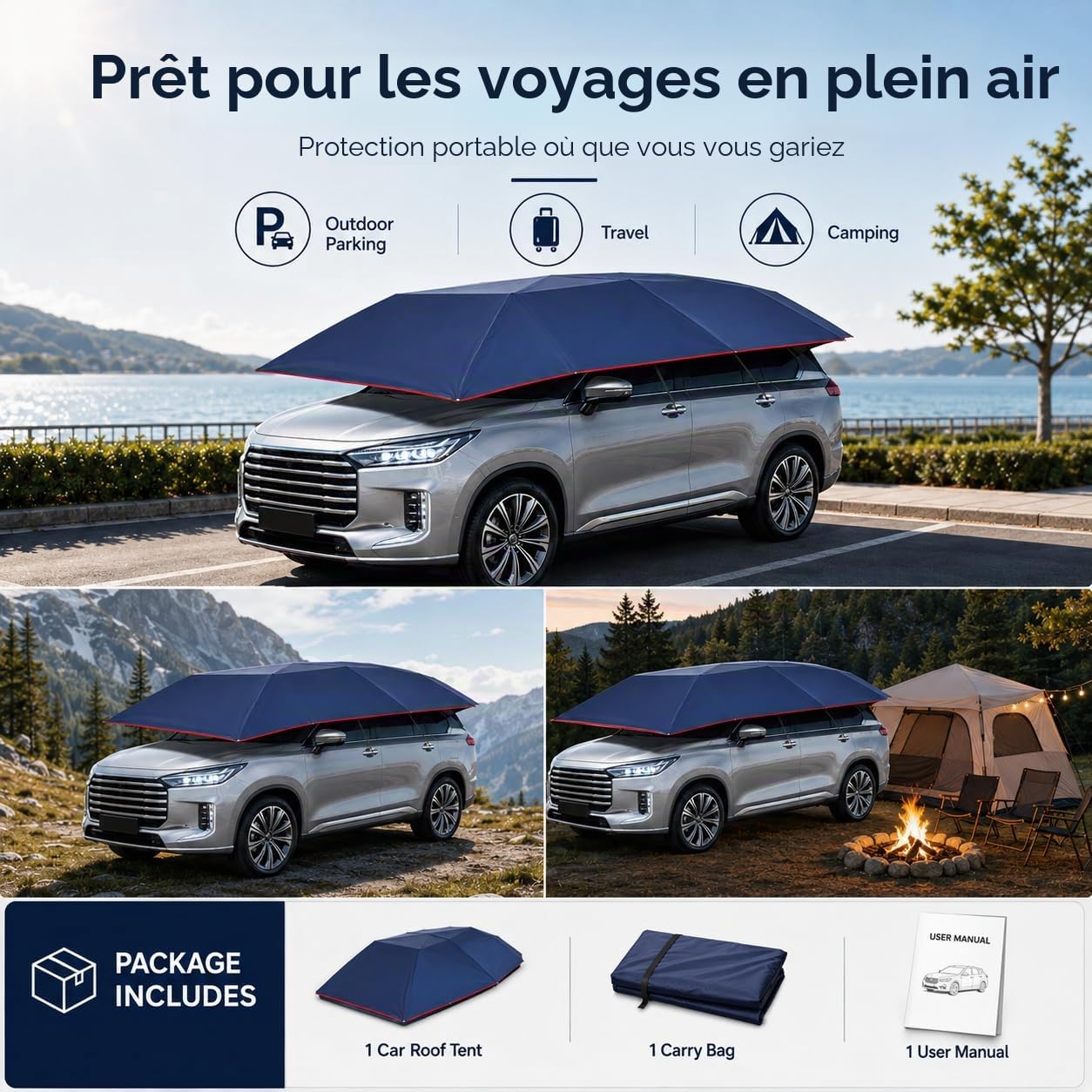 Tente de parasol semi-automatique pour voiture avec UPF 30+, imperméable, universelle, protection solaire, protection contre les intempéries, pour l'extérieur, voyage, portable, pliable