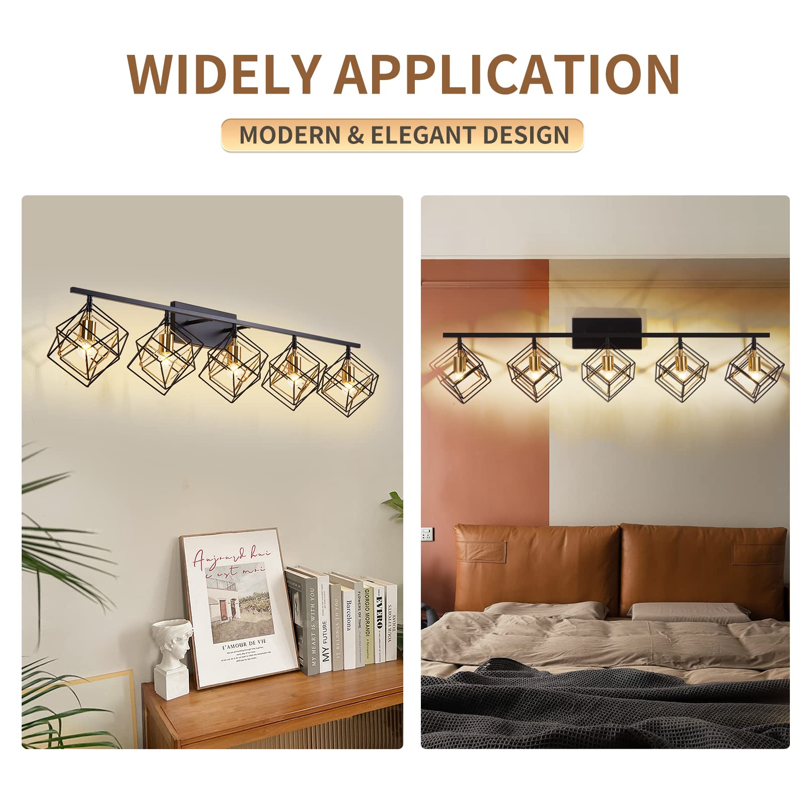 BEHIYA 5-Lights Bathroom Vanity Lights with Bulbs, Bathroom Light fixtures Over Mirror, Black and Gold Brushed Brass with Unique Rotatable 3 Cube Shades Enormous Lamp for Dressing Table
