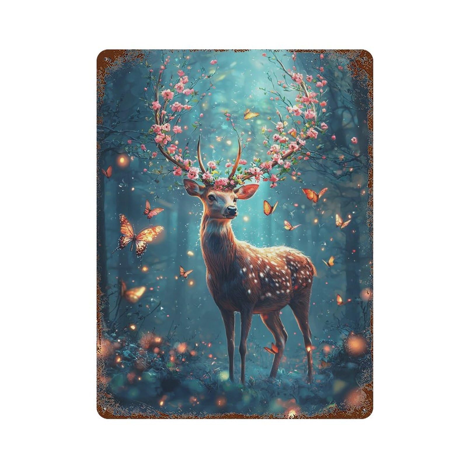 Vintage Metal Tin Sign Enchanted Forest Deer with Flowers 15.7"x11.8", Classic Wall Plaque for Pub, Kitchen And Man Cave Decor