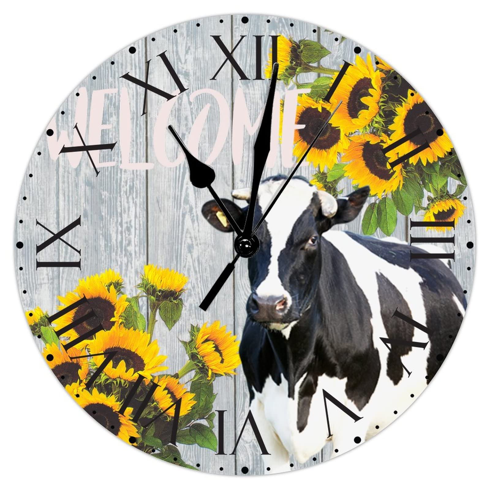 Horloge murale vache et tournesol en PVC rustique de 30,5 cm