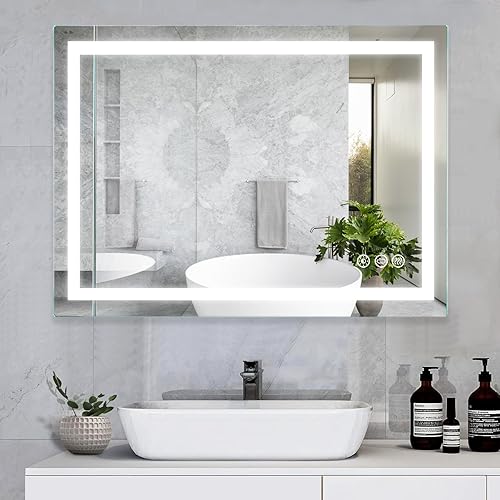Miniatura 6 de Espejo de baño LED, 36 x 28 pulgadas, con luces frontales, espejos para pared con botón táctil inteligente, 3 colores, antiniebla, memoria, espejo