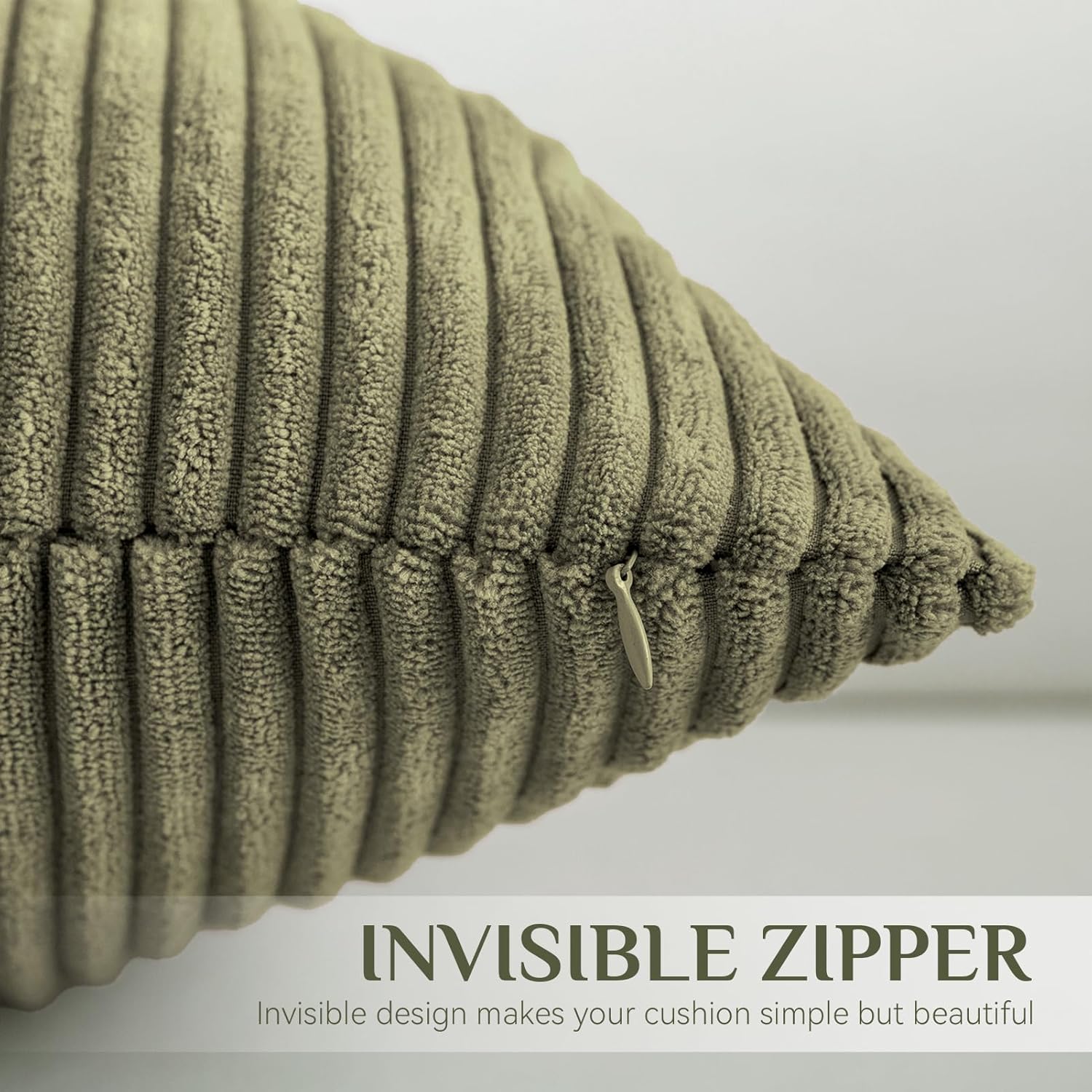 Softalker Corduroy Decorative Pillow Covers 24 x 24, Set of 2 Soft Striped Throw Pillows Cover, Square Accent Pillow Cases Decor for Sofa Couch Cushion Living Room Bed, Olive Green