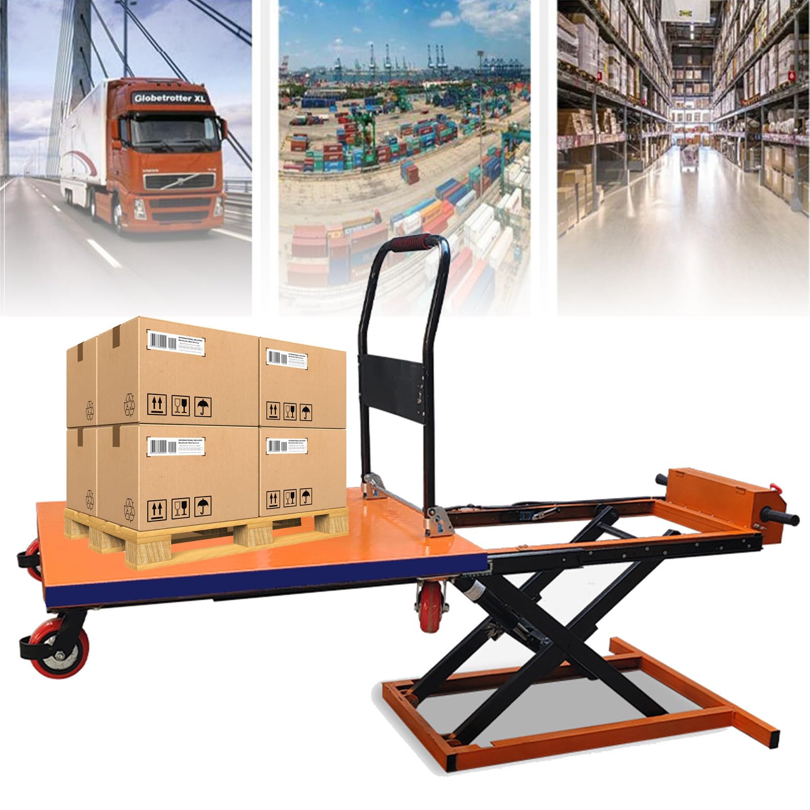 Tavolo elevatore elettrico a forbice con capacità di 300 kg, altezza di sollevamento 98 cm, batteria 48 V, controllo one-touch per la movimentazione dei materiali