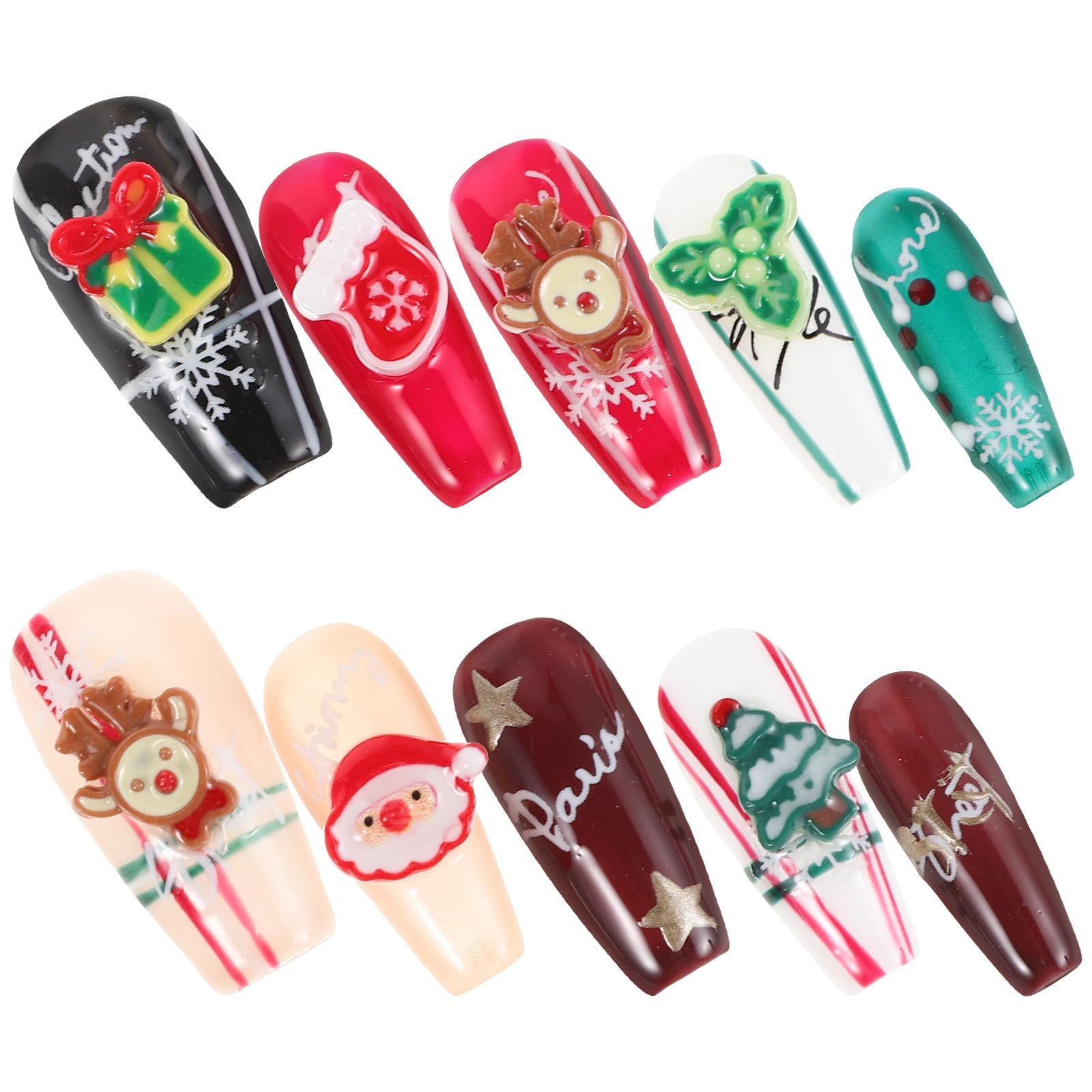 5 Juegos Uñas Postizas Navideñas Largas, Diseño Santa y Árbol, Rojo